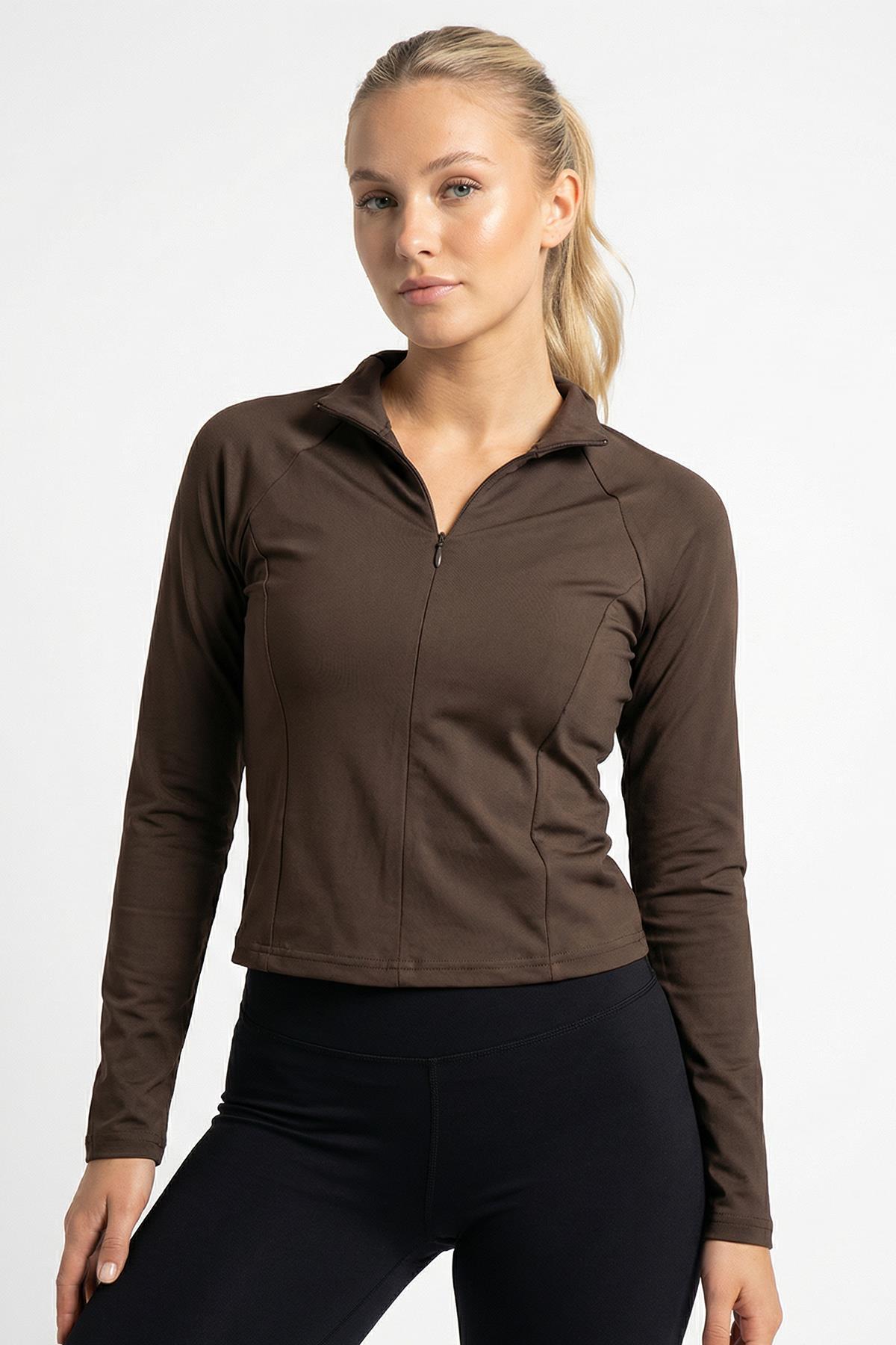 8334A Ön Fermuarlı Uzun Kol Bluz Kahve - RAYS