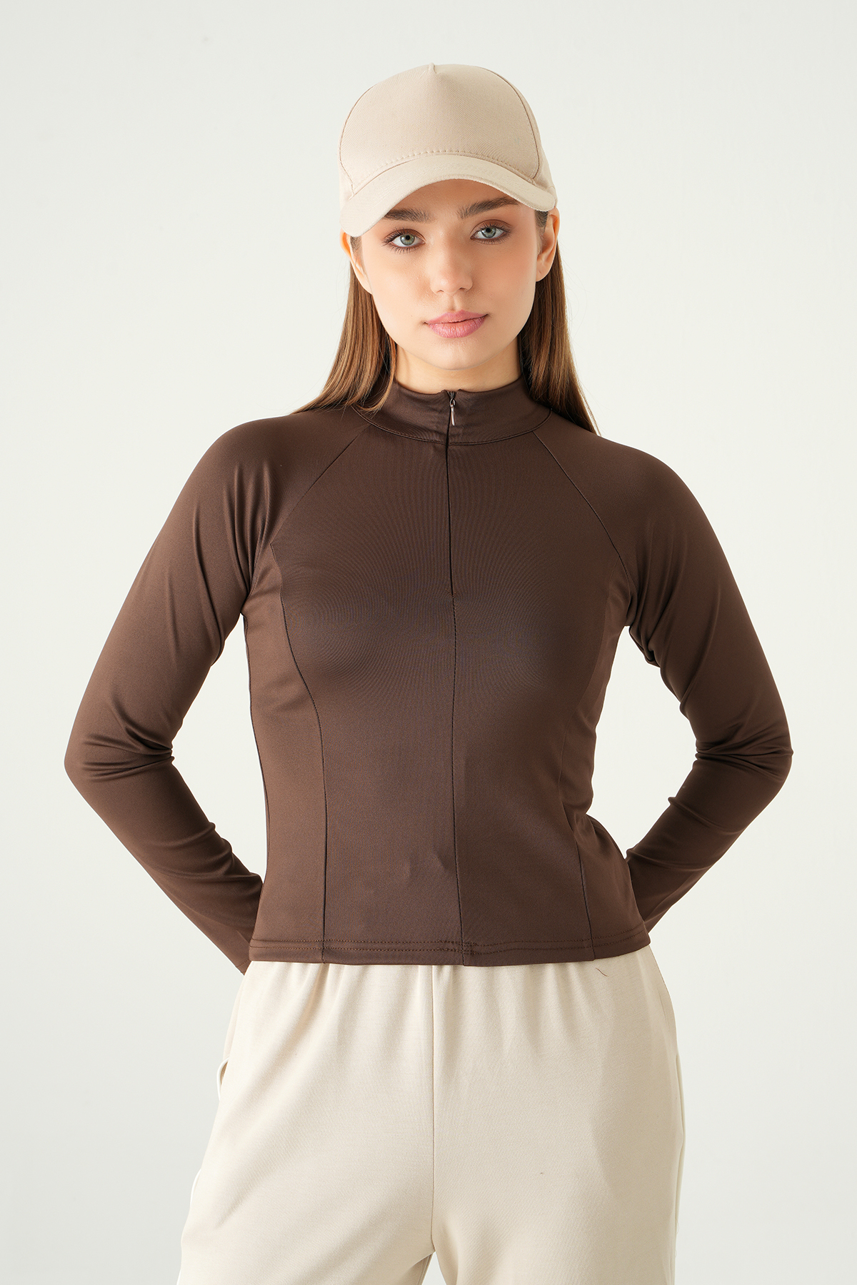 Kahve Ön Fermuarlı Uzun Kol Sweat 8334A - 2