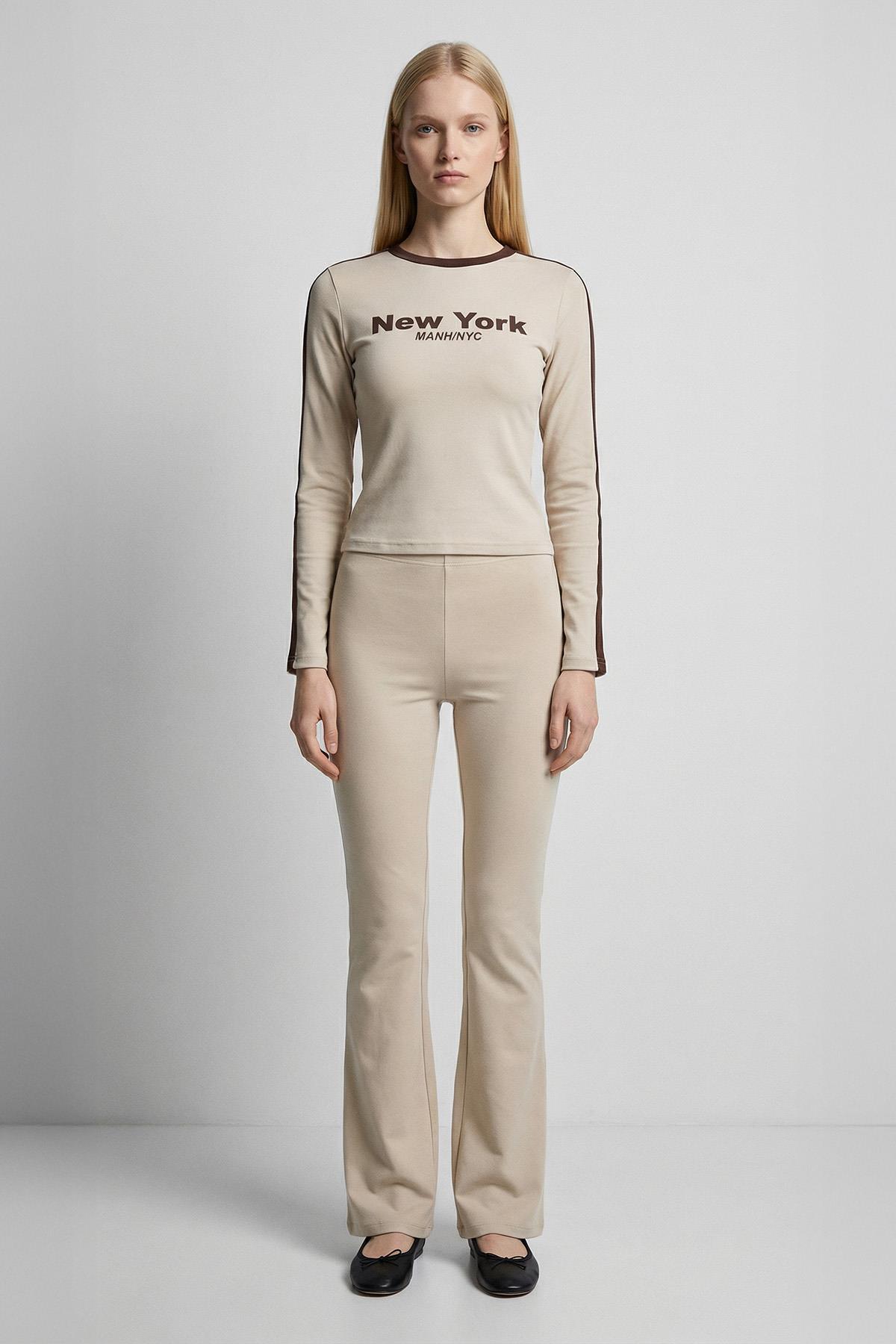 Bej New York Baskılı Şeritli Badi 8342A - 1