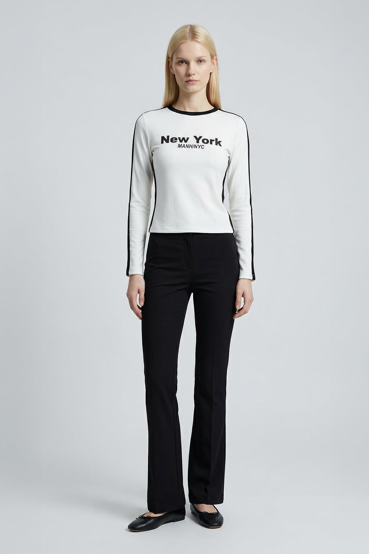 Ekru New York Baskılı Şeritli Badi 8342A - 1