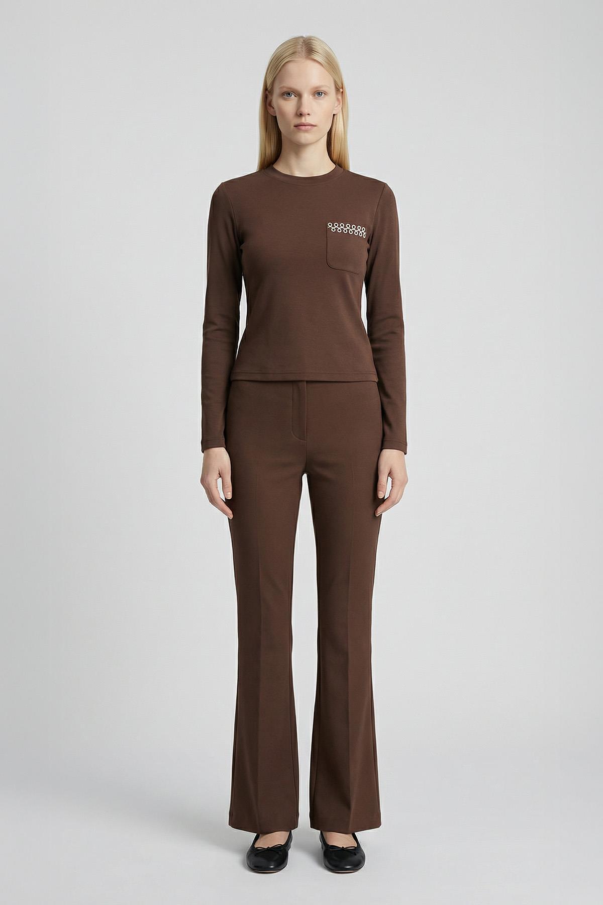 8344A Bisiklet Yaka Cep Nakışlı Badi Kahve - 1