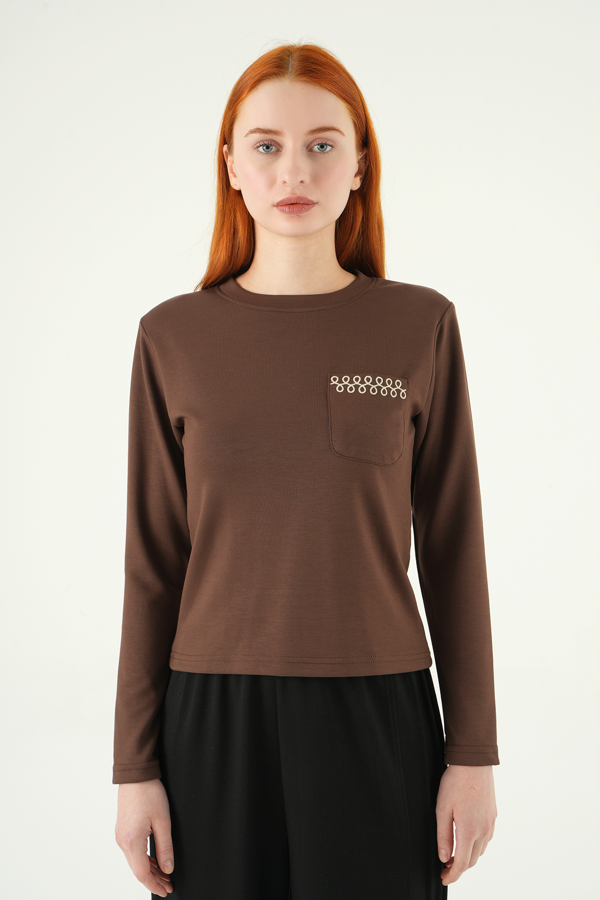 Kahve Bisiklet Yaka Cep Nakışlı Badi 8344A - RAYS