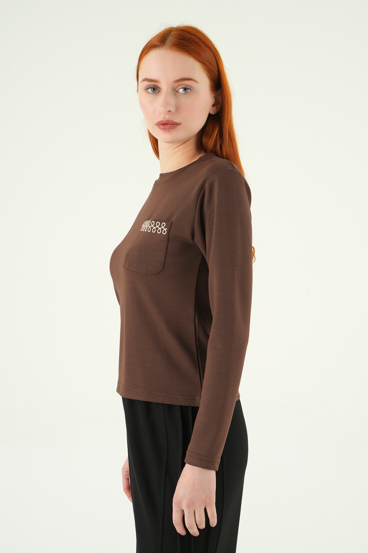 Bisiklet Yaka Cep Nakışlı Badi 8344A Kahve - 2