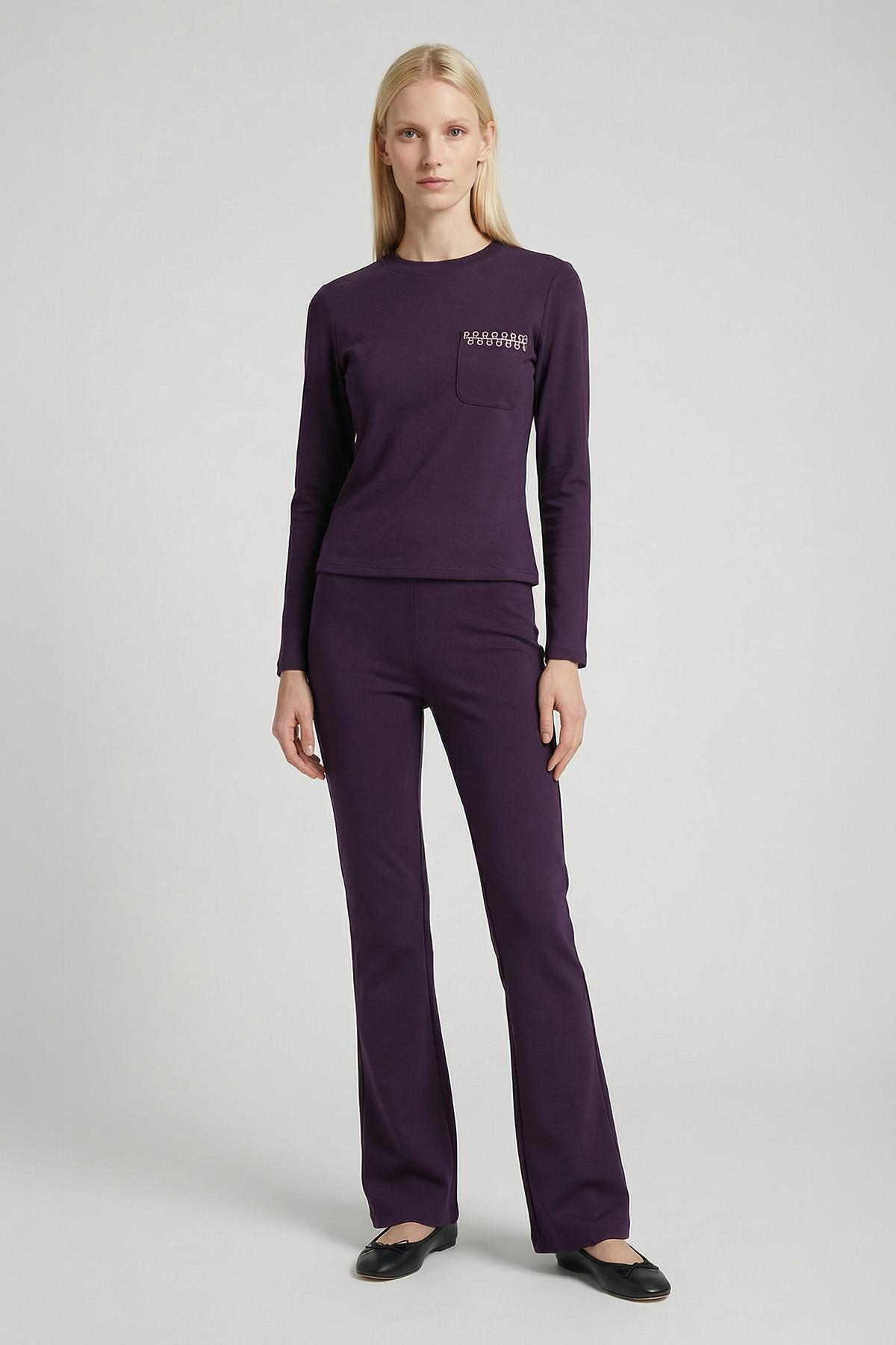 8344A Bisiklet Yaka Cep Nakışlı Badi Mürdüm - RAYS