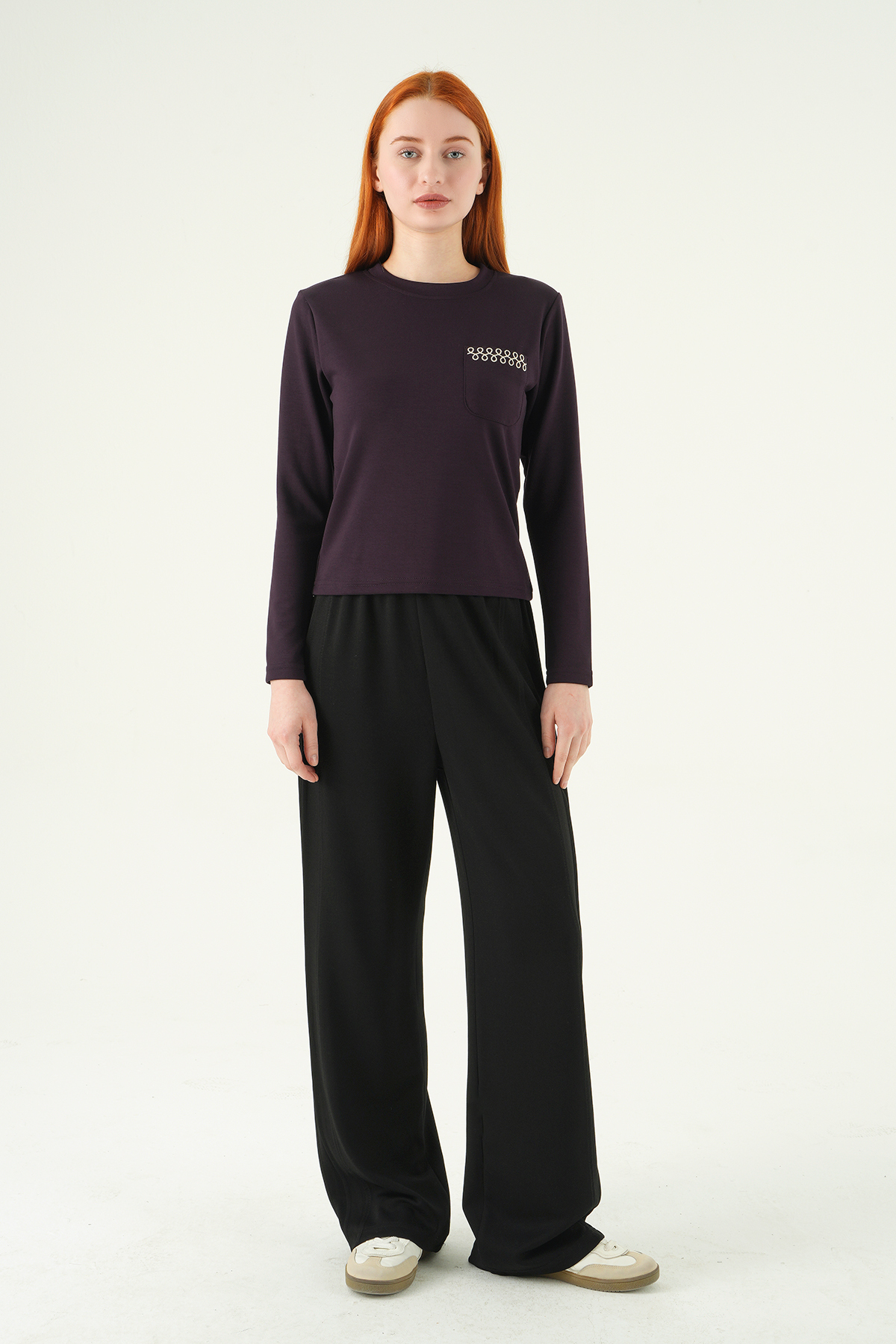 8344A Bisiklet Yaka Cep Nakışlı Badi Mürdüm - RAYS