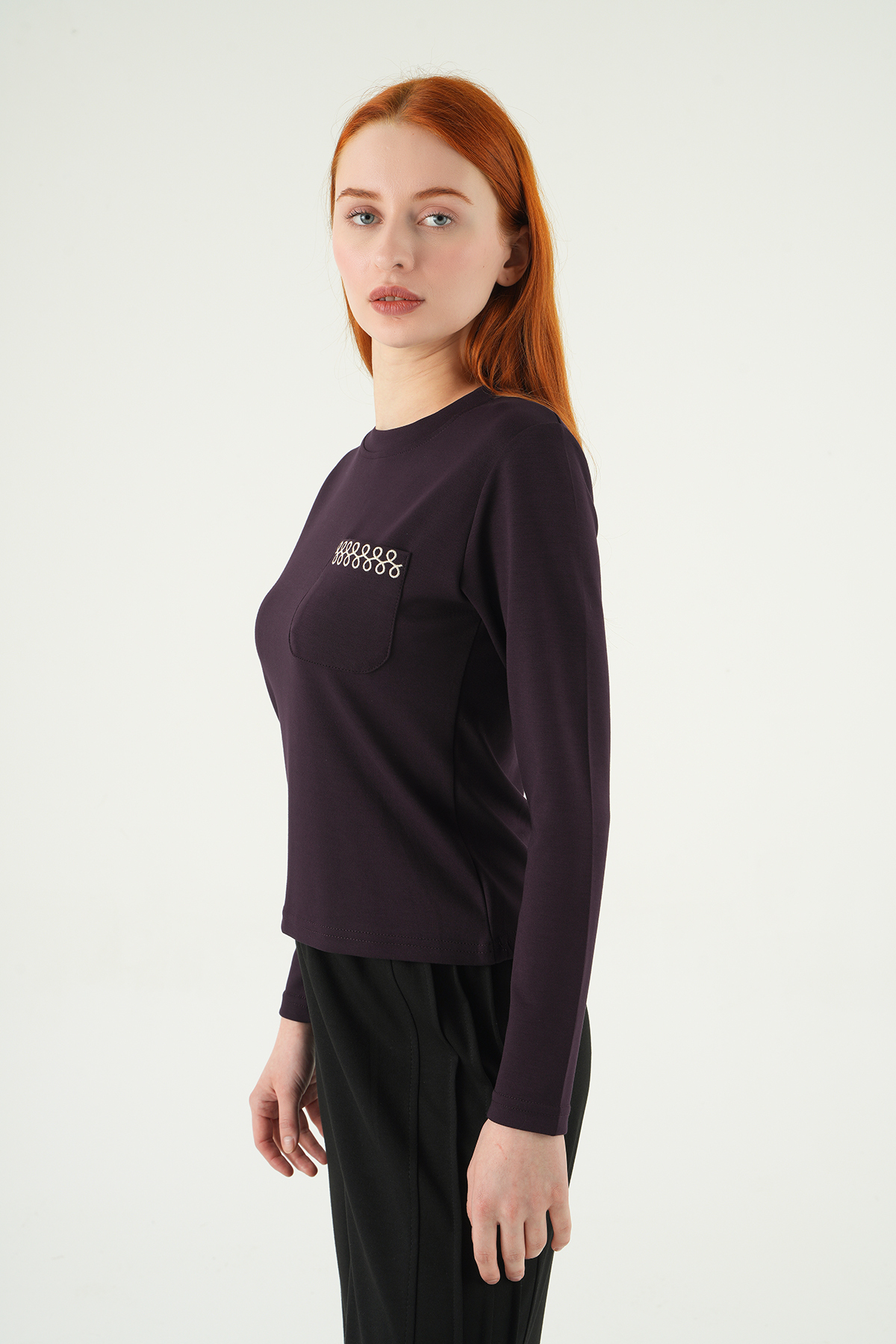 Bisiklet Yaka Cep Nakışlı Badi 8344A Mürdüm - RAYS