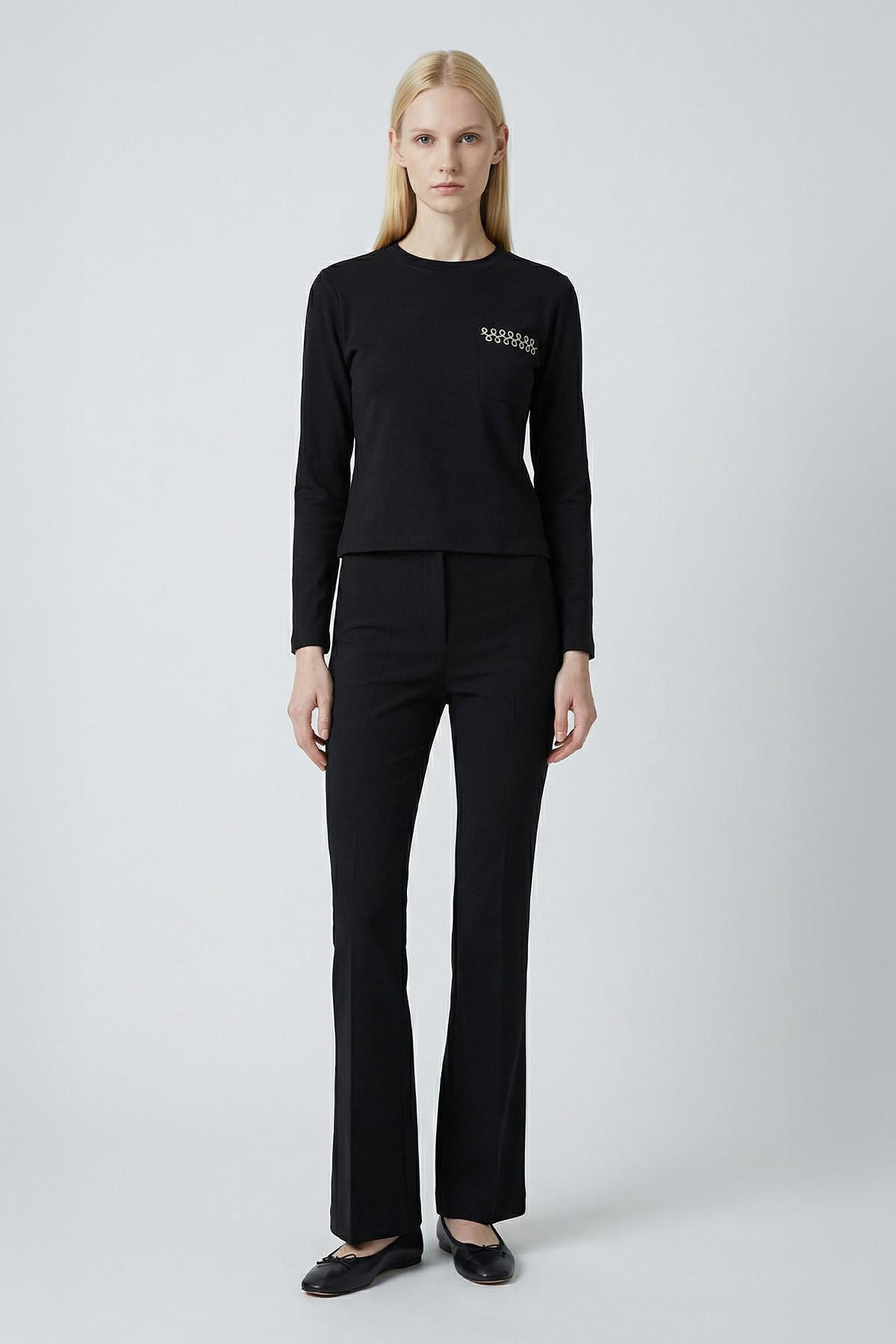 8344A Bisiklet Yaka Cep Nakışlı Badi Siyah - RAYS