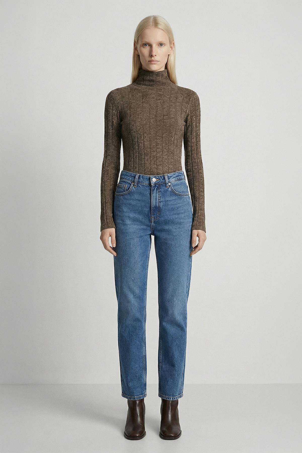 8361A Balıkçı Yaka Uzun Kol Bluz Acı Kahve - RAYS