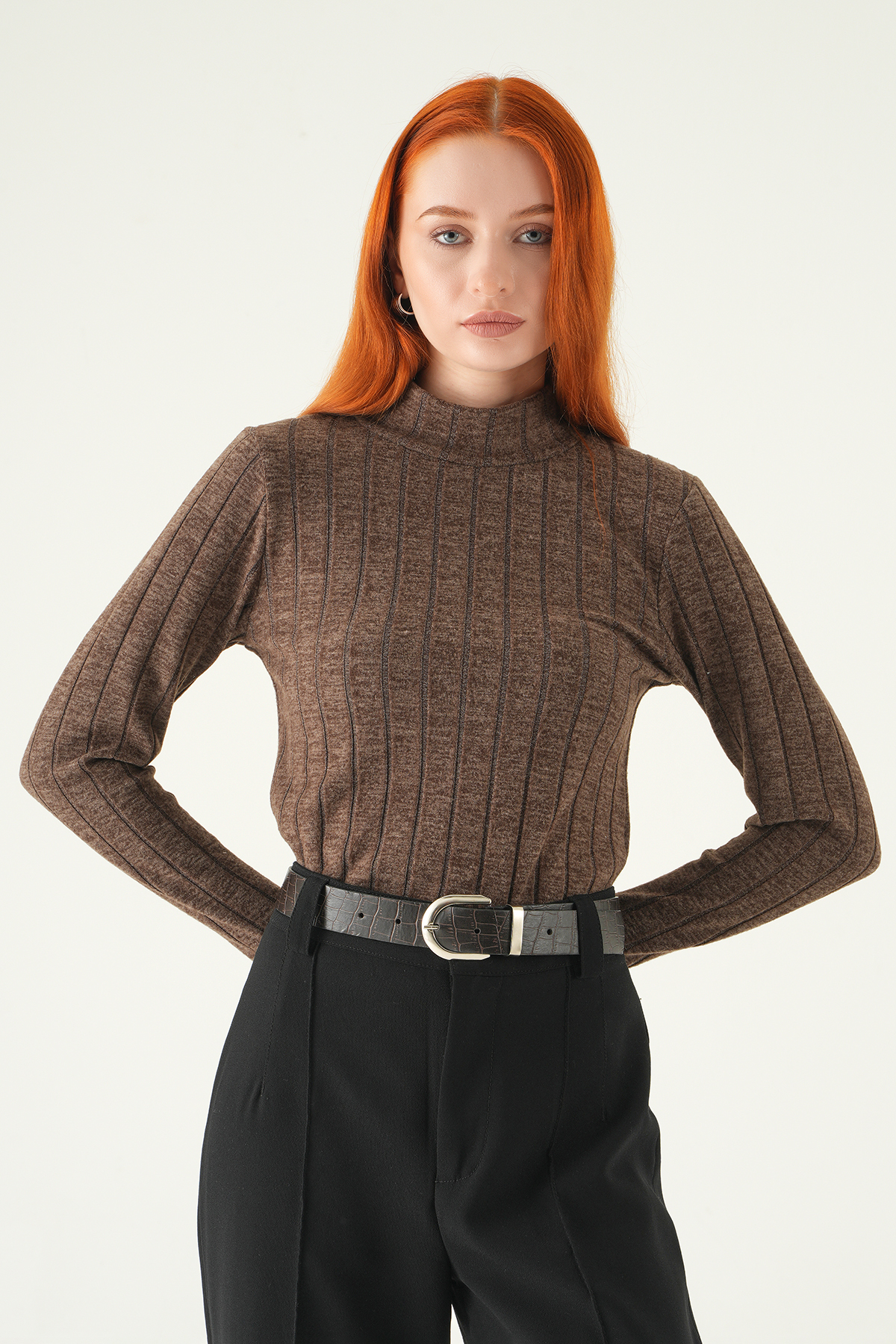 Acı Kahve Balıkçı Yaka Uzun Kol Bluz 8361A - 6