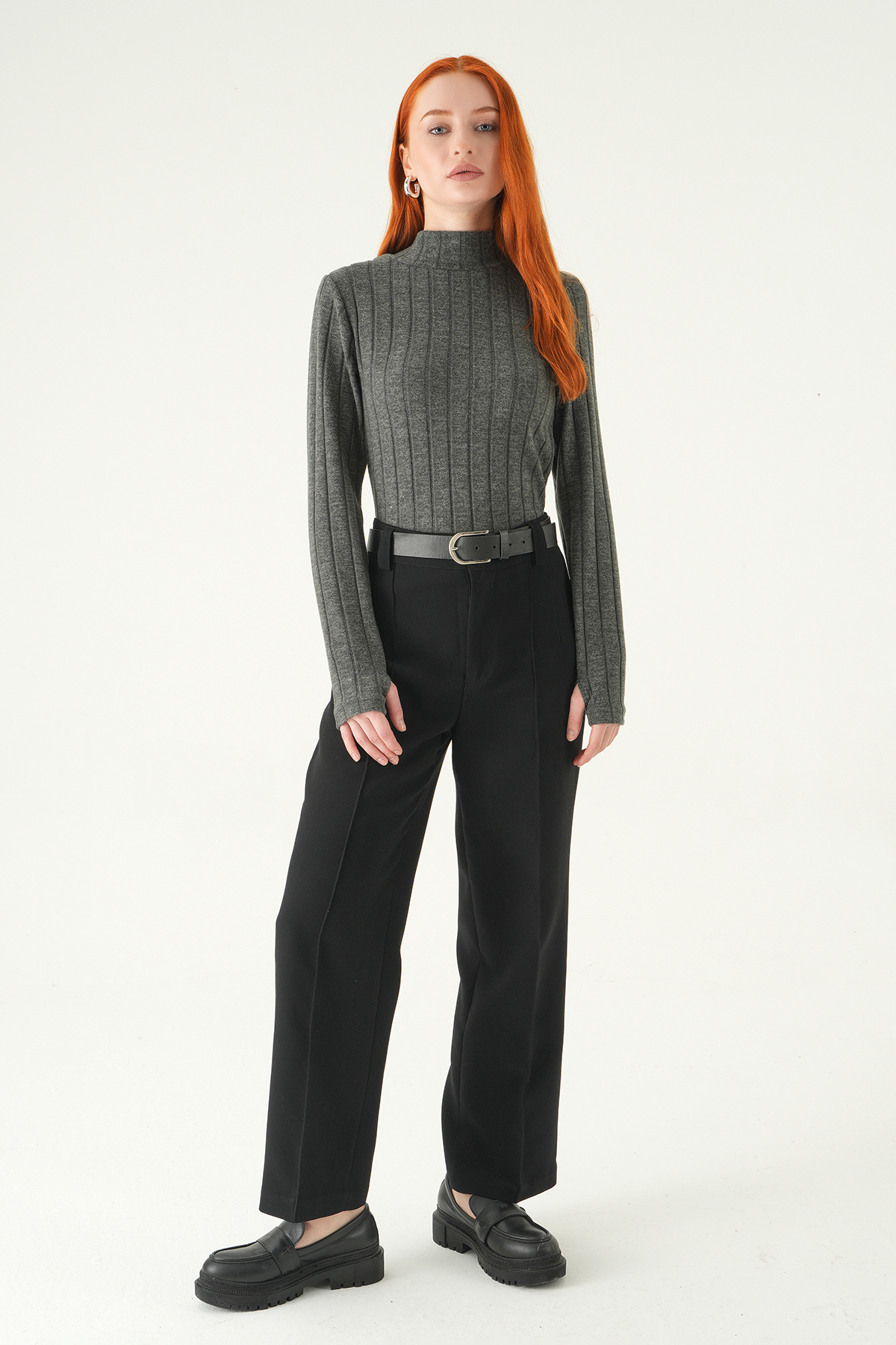 8361A Balıkçı Yaka Uzun Kol Bluz Antrasit - RAYS