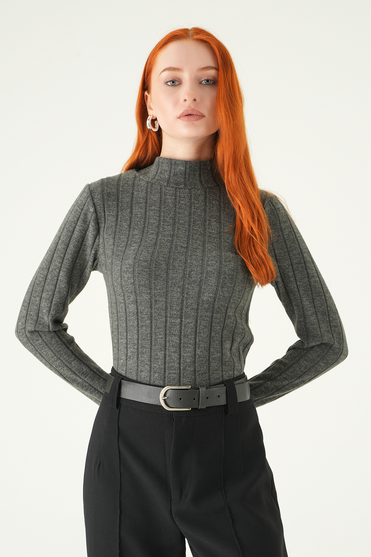 Antrasit Balıkçı Yaka Uzun Kol Bluz 8361A - 7