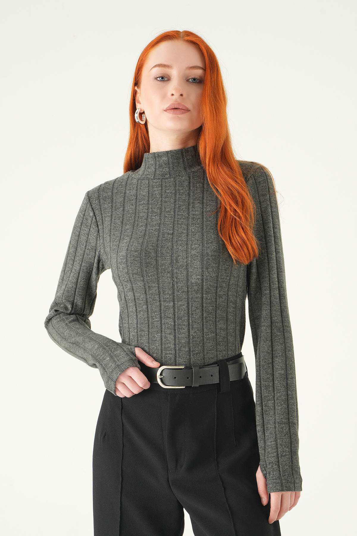 Antrasit Balıkçı Yaka Uzun Kol Bluz 8361A 