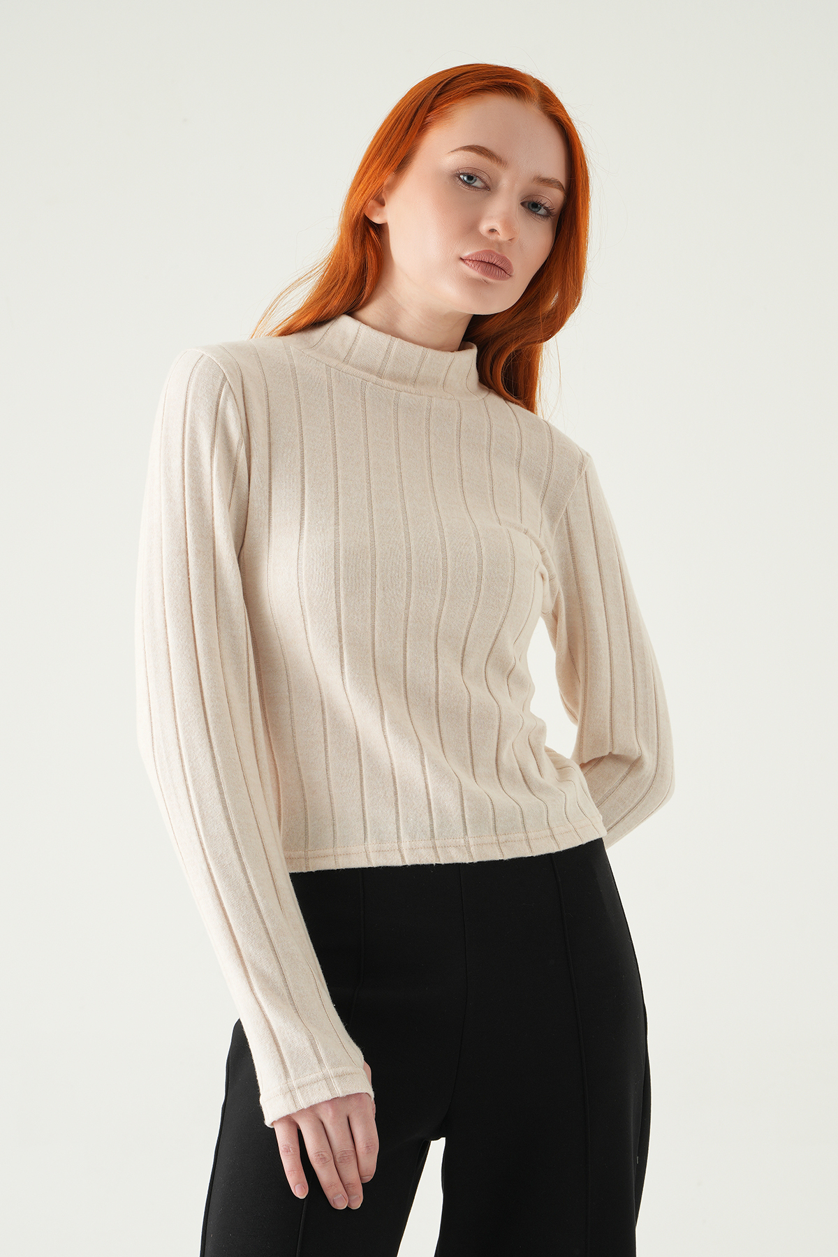 Bej Balıkçı Yaka Uzun Kol Bluz 8361A 