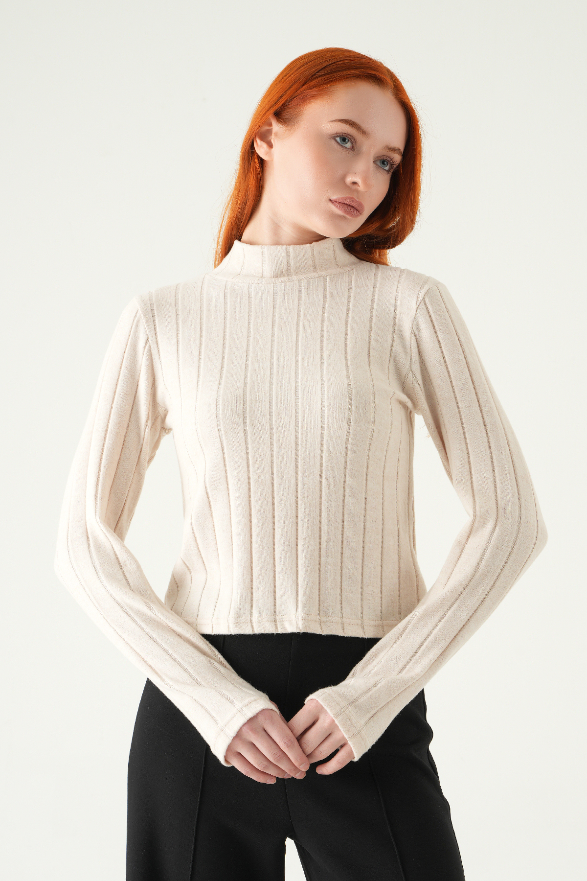 Bej Balıkçı Yaka Uzun Kol Bluz 8361A - 2