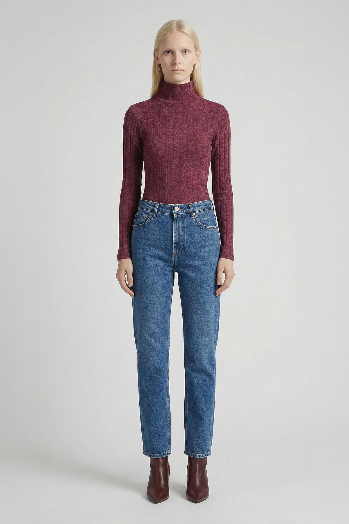 8361A Balıkçı Yaka Uzun Kol Bluz Bordo - RAYS