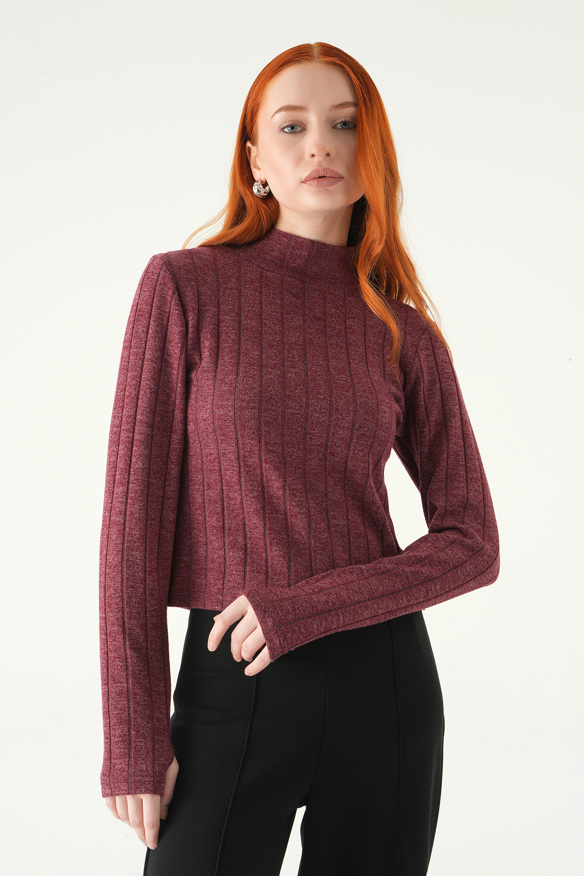 8361A Balıkçı Yaka Uzun Kol Bluz Bordo - RAYS