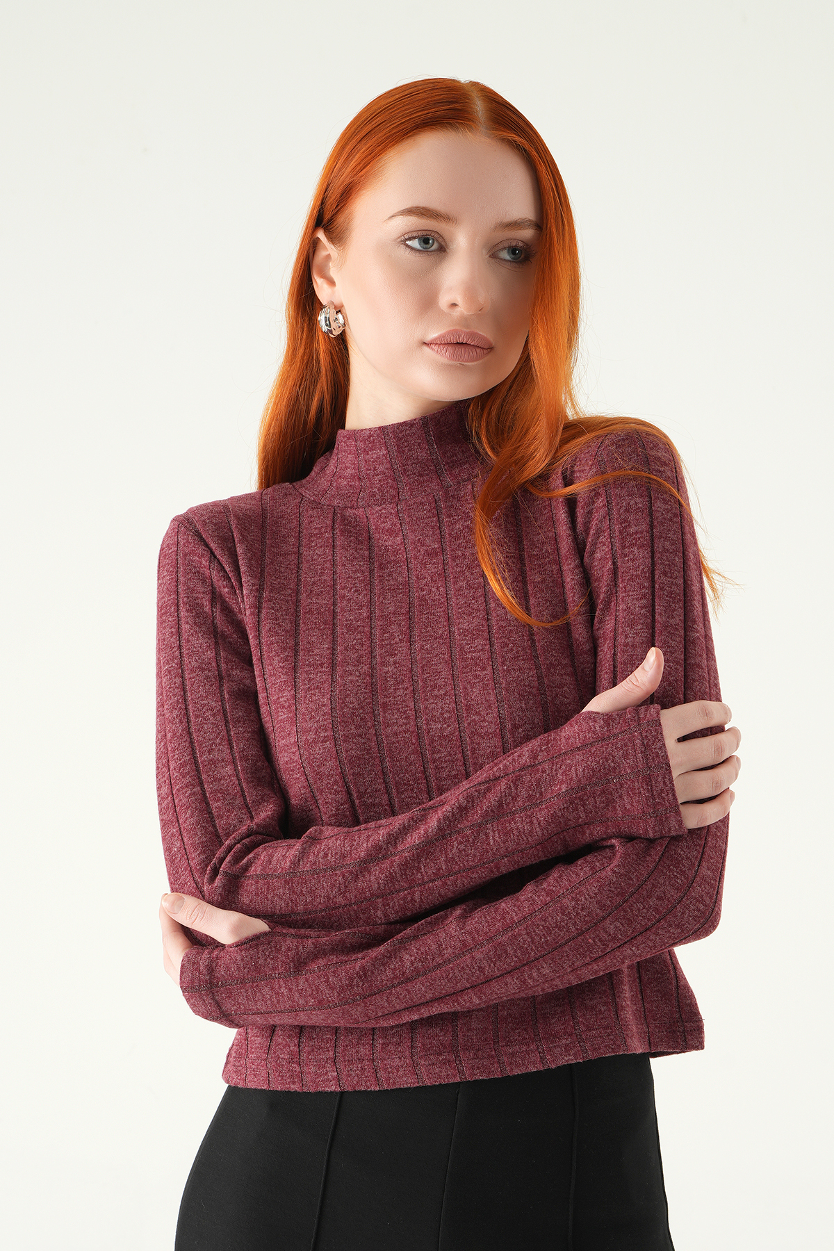 Bordo Balıkçı Yaka Uzun Kol Bluz 8361A - 3