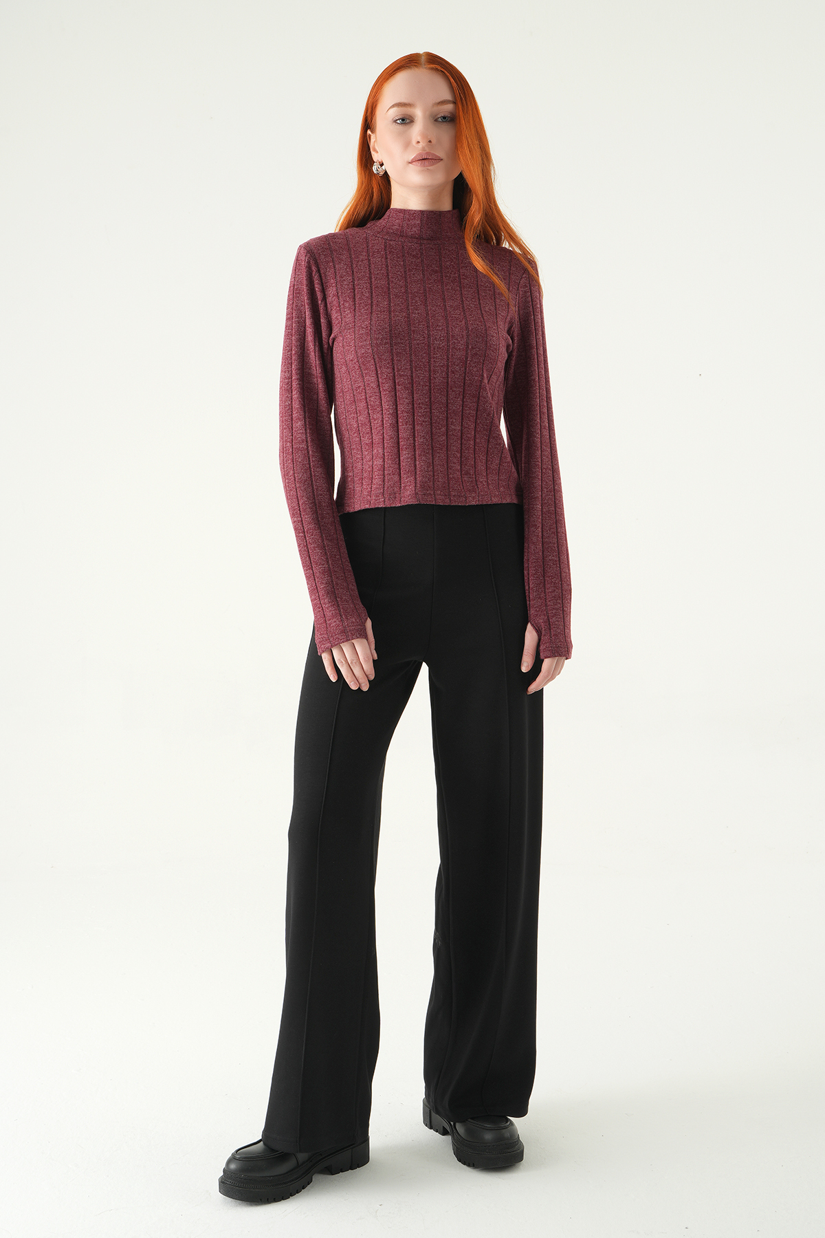 Bordo Balıkçı Yaka Uzun Kol Bluz 8361A - RAYS