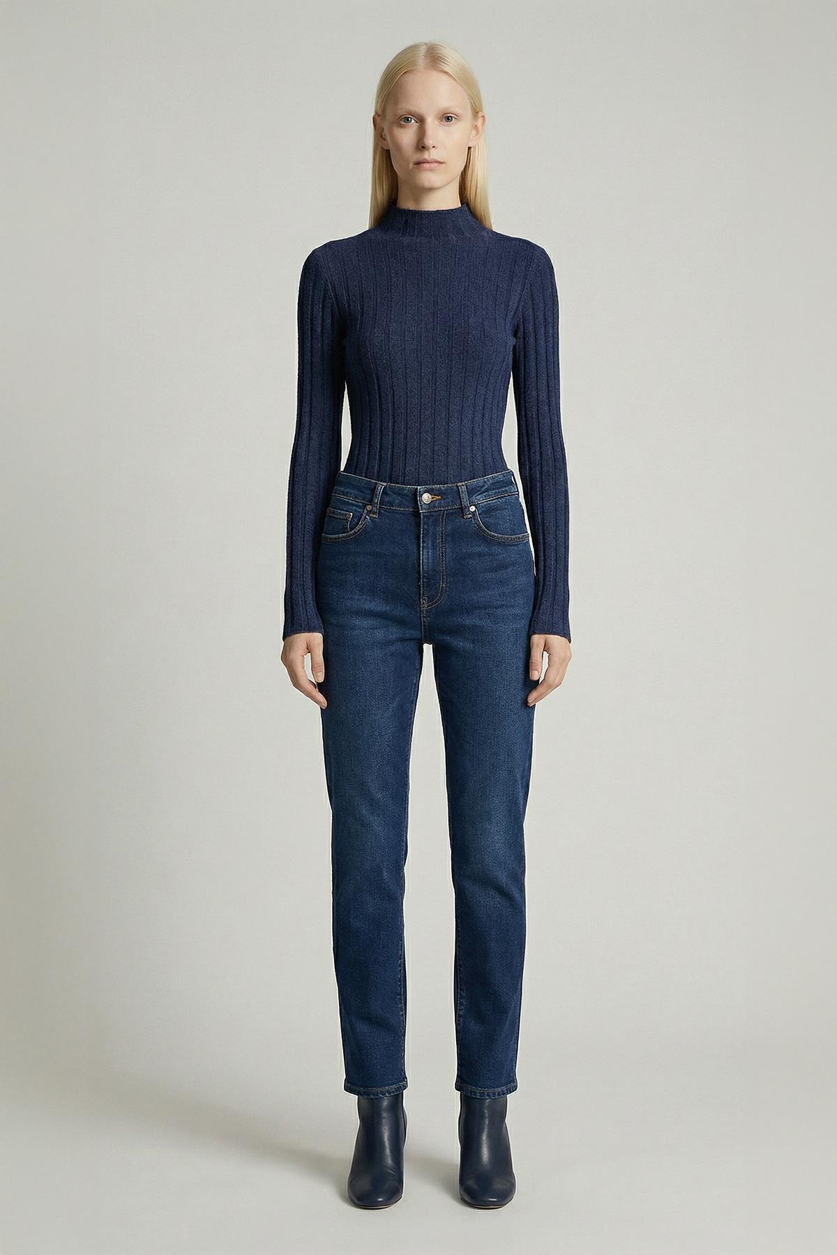 8361A Balıkçı Yaka Uzun Kol Bluz İndigo - RAYS