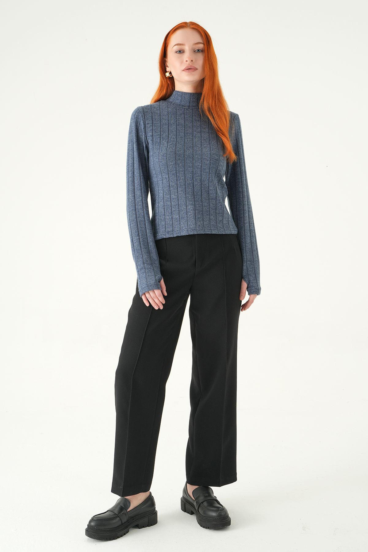 8361A Balıkçı Yaka Uzun Kol Bluz İndigo - RAYS