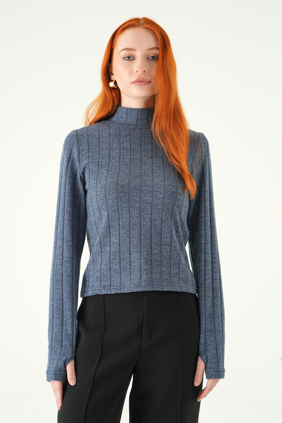 İndigo Balıkçı Yaka Uzun Kol Bluz 8361A - RAYS