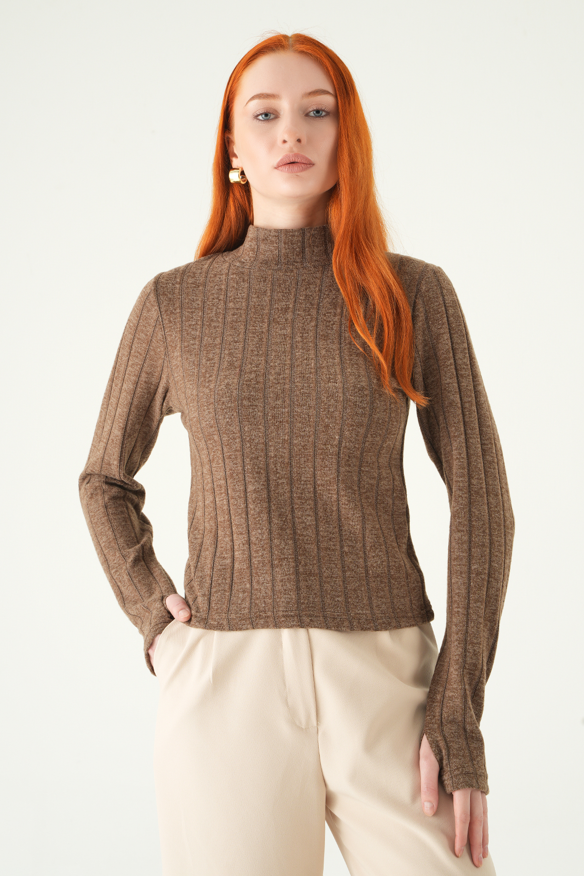 Kahve Balıkçı Yaka Uzun Kol Bluz 8361A - 1