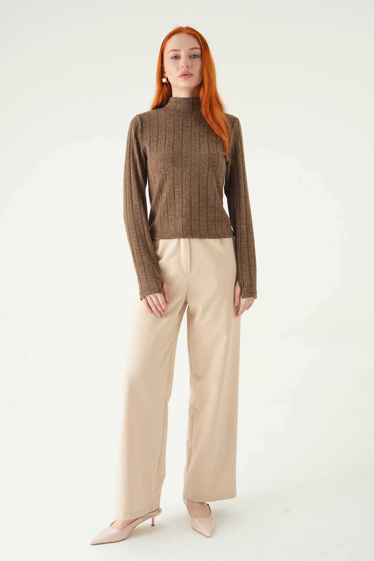 Kahve Balıkçı Yaka Uzun Kol Bluz 8361A - RAYS