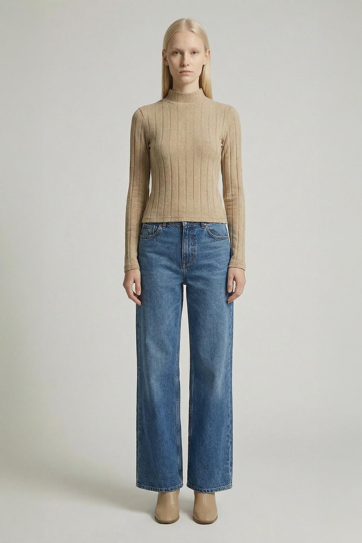 8361A Balıkçı Yaka Uzun Kol Bluz Vizon - 1