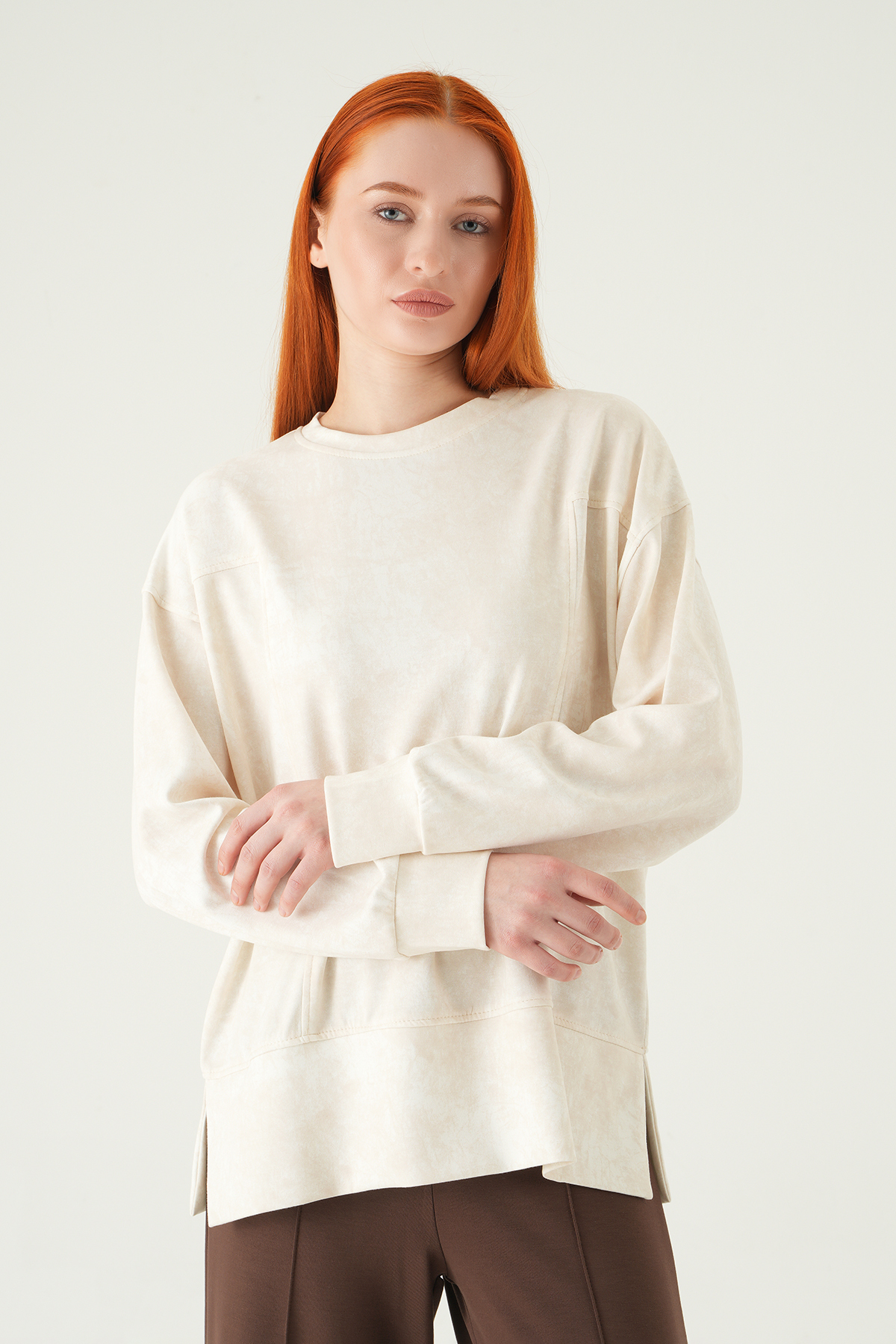 8363A Desenli Bisiklet Yaka Tunik Ekru 