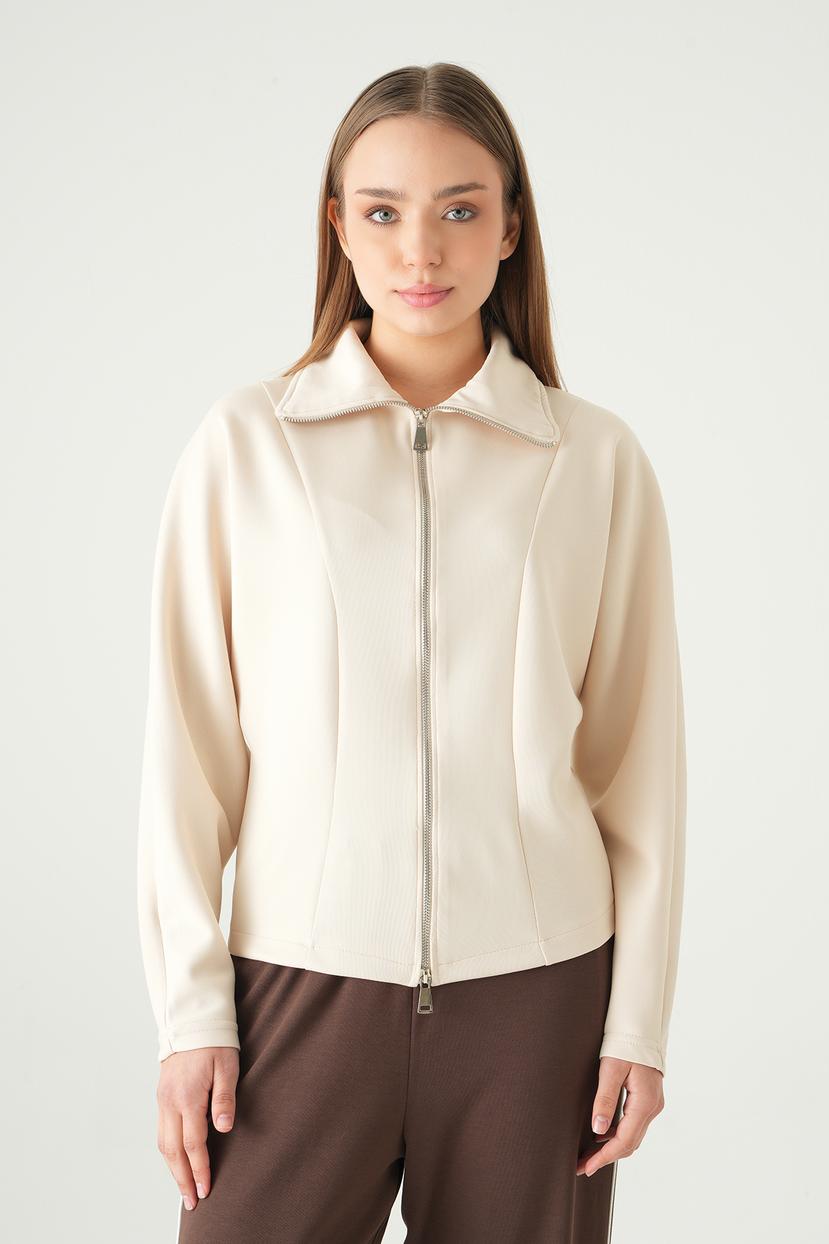 8366A Gömlek Yaka Fermuarlı Hırka Taş - RAYS