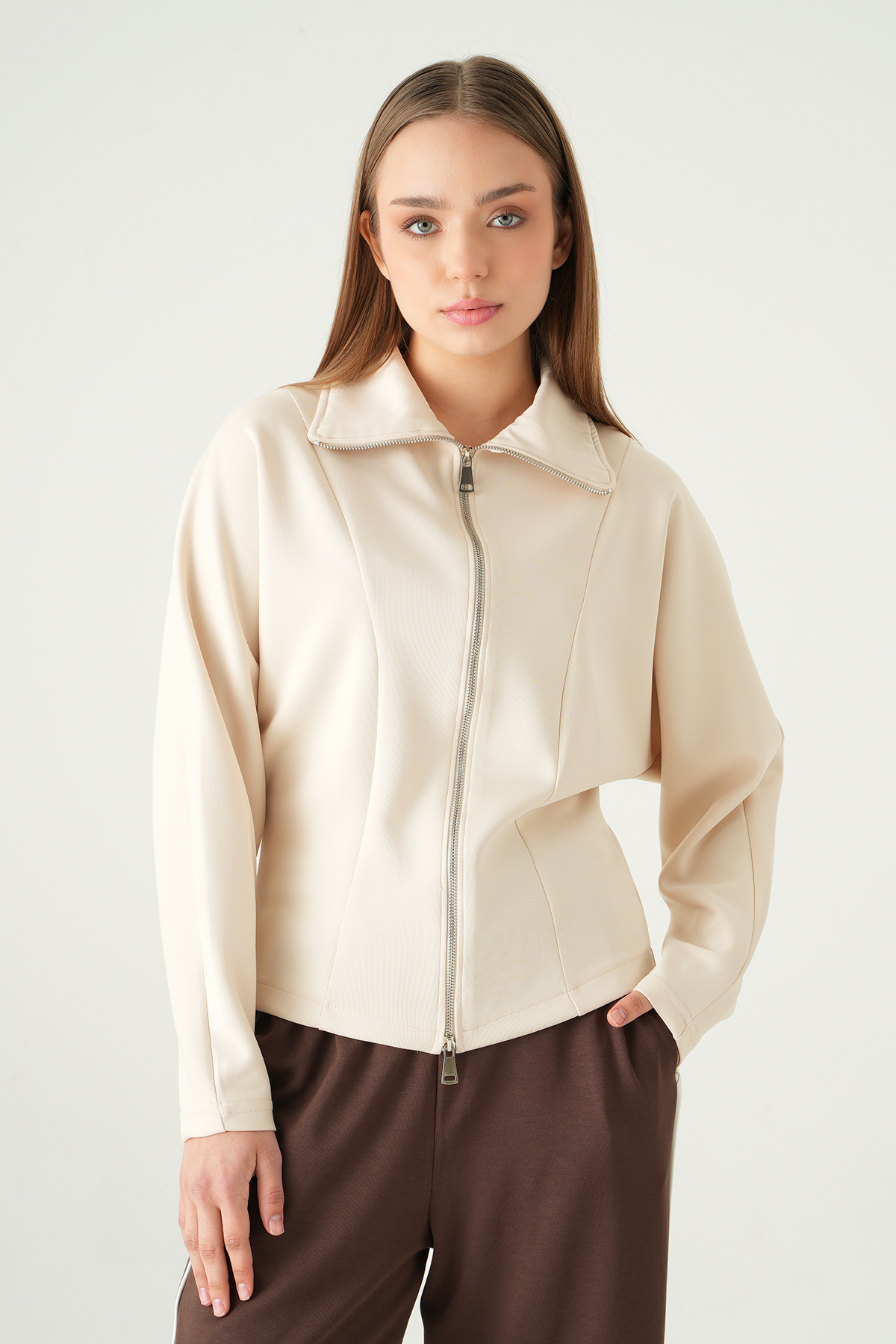 8366A Gömlek Yaka Fermuarlı Hırka Taş - RAYS