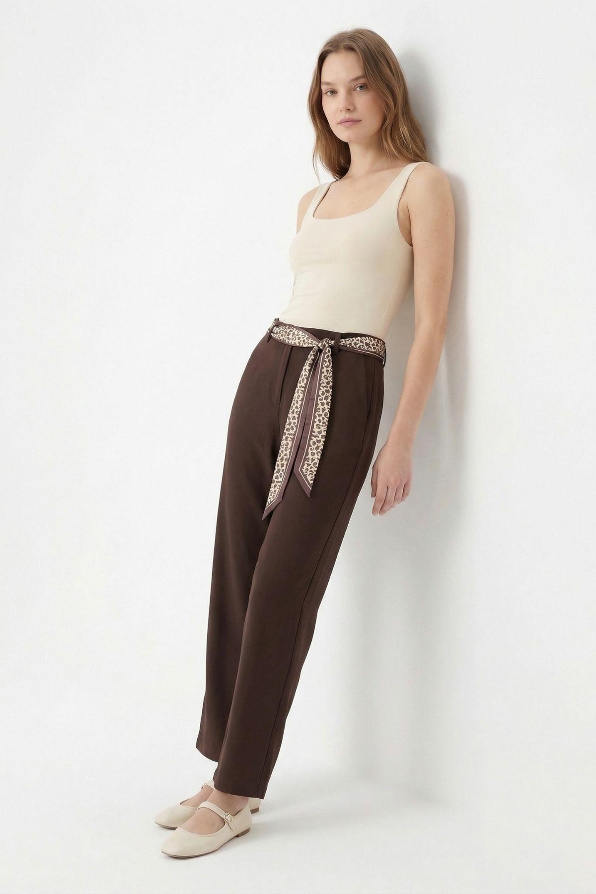 8372A Fular Detay Pantolon Acı Kahve - 3
