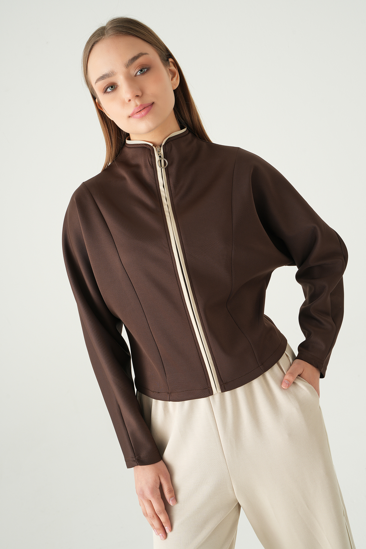 Kahve Ön Şerit Detay Hırka 8384A - 1