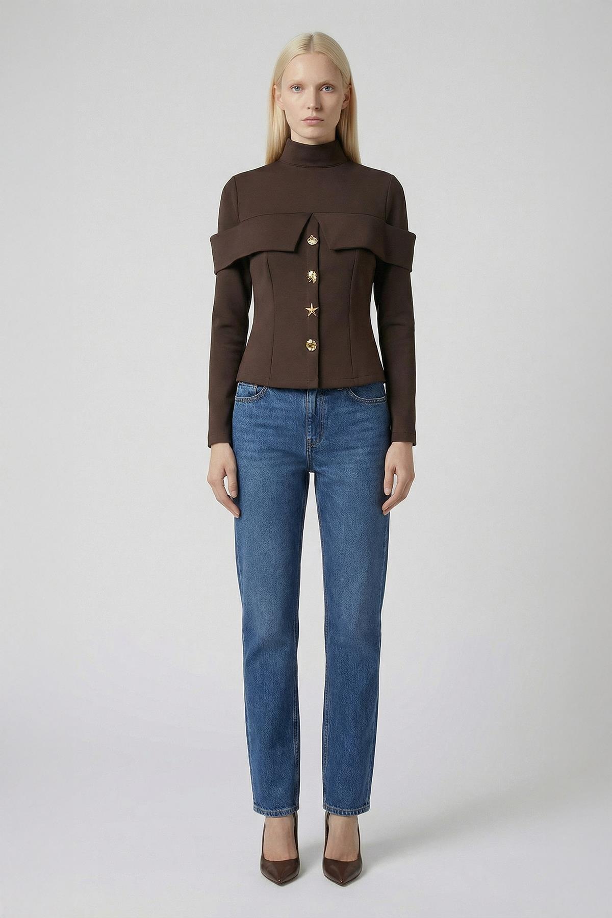 8386A Ön Düğmeli Bluz Kahve - 1