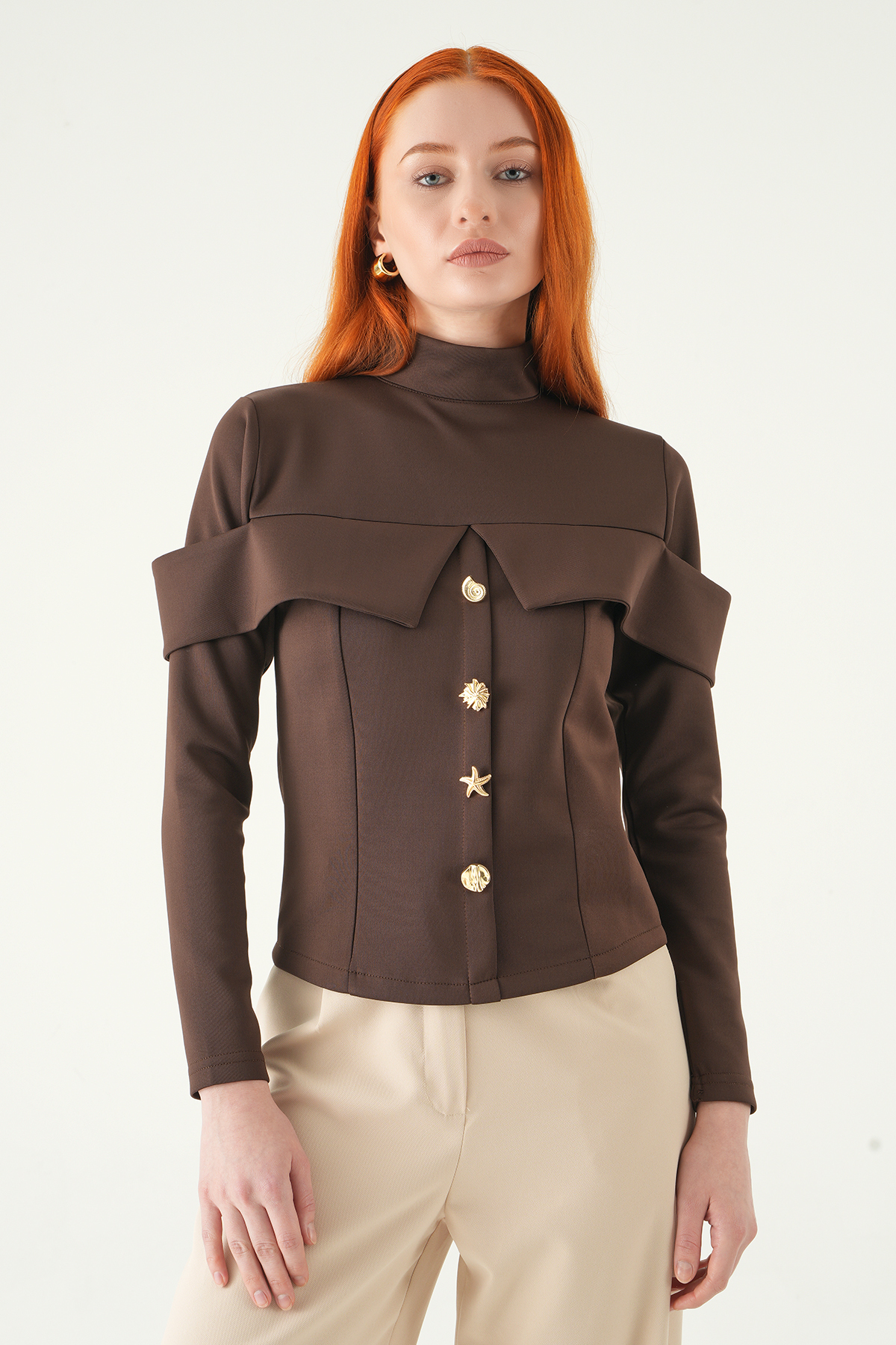 8386A Ön Düğmeli Bluz Kahve - RAYS