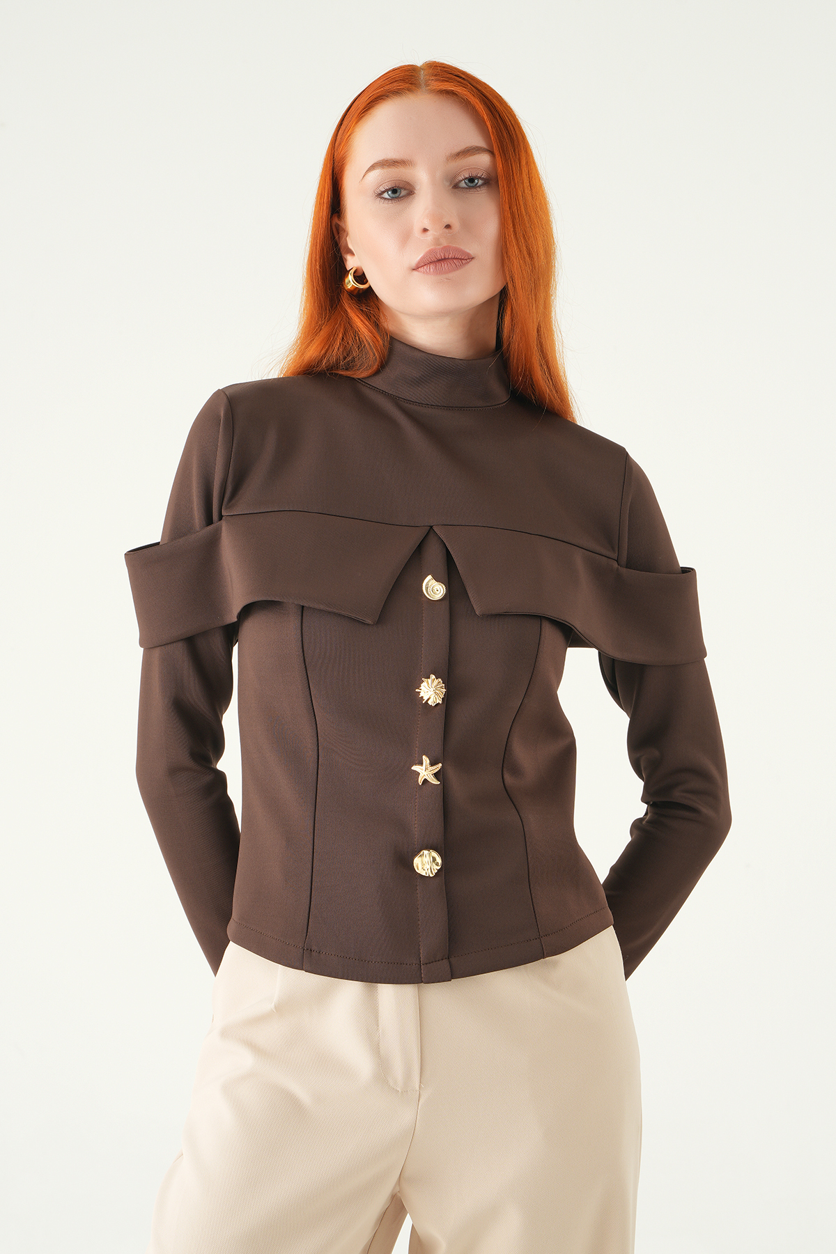 8386A Ön Düğmeli Bluz Kahve - RAYS