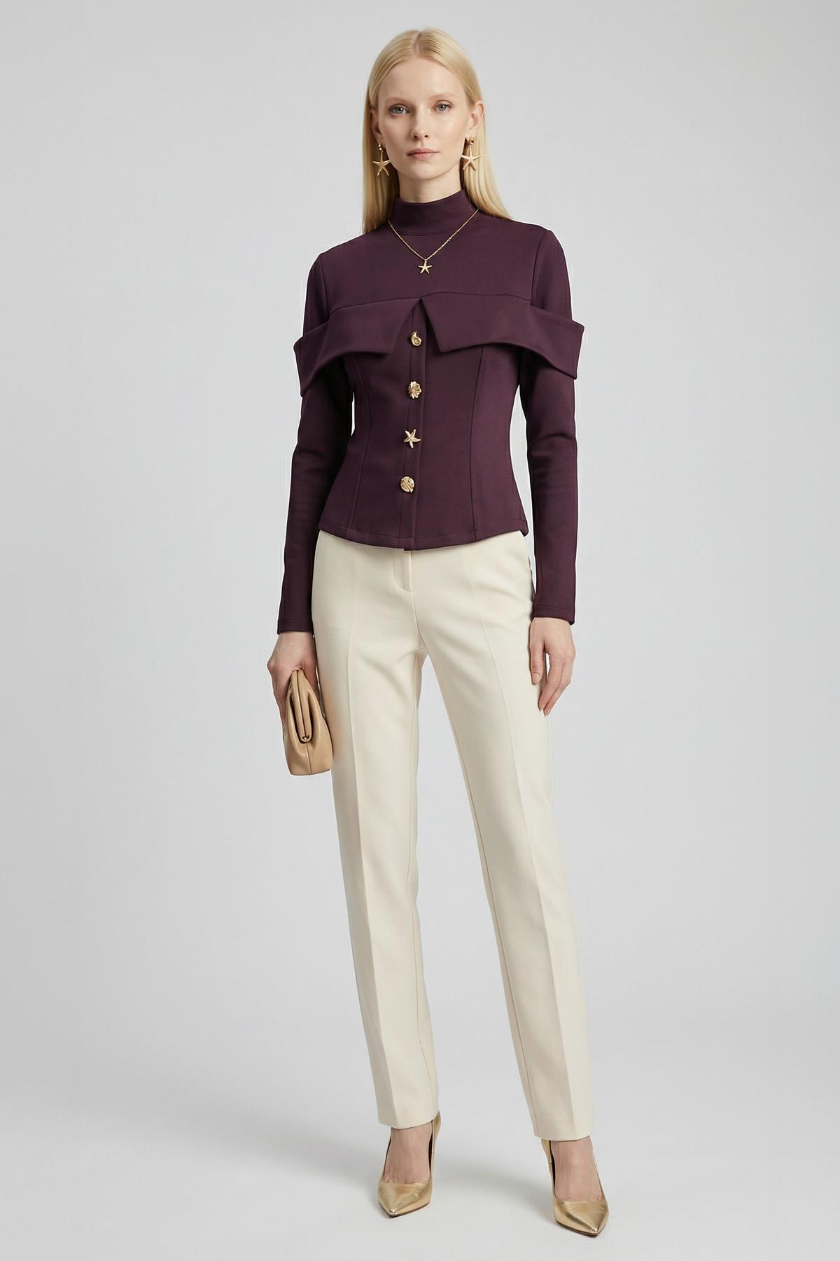 8386A Ön Düğmeli Bluz Mürdüm - 1