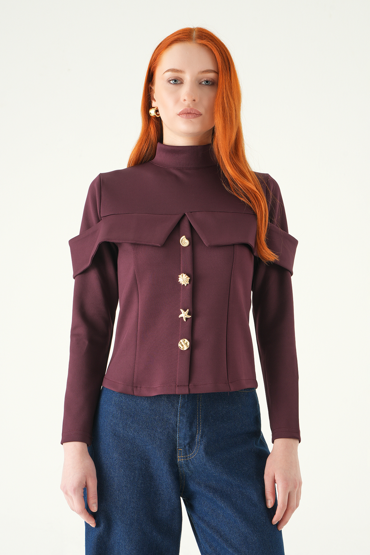 Mürdüm Ön Düğmeli Bluz 8386A - 1