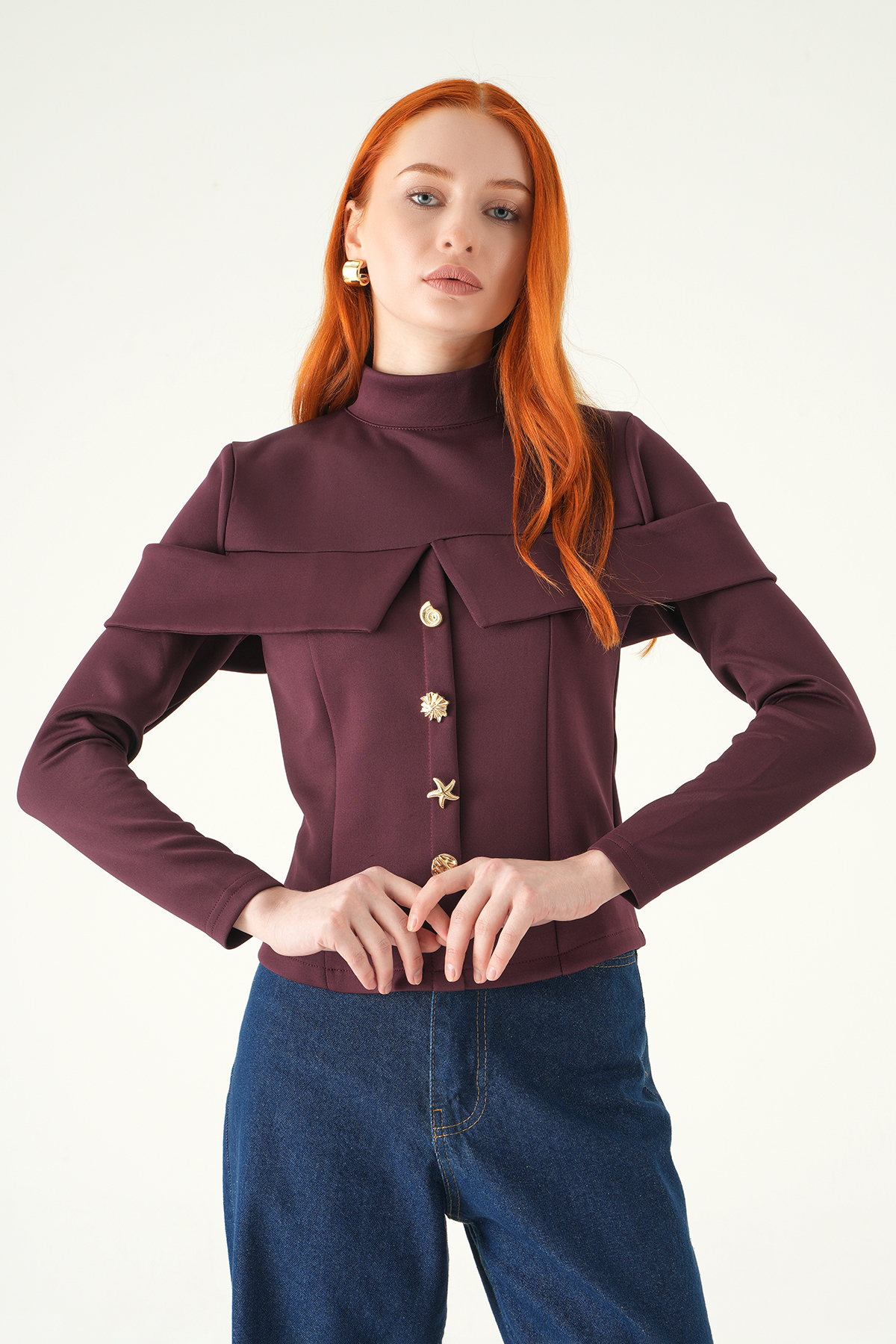 Mürdüm Ön Düğmeli Bluz 8386A - 6