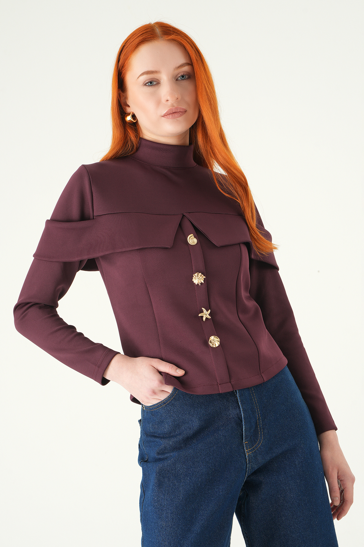 Mürdüm Ön Düğmeli Bluz 8386A - 7