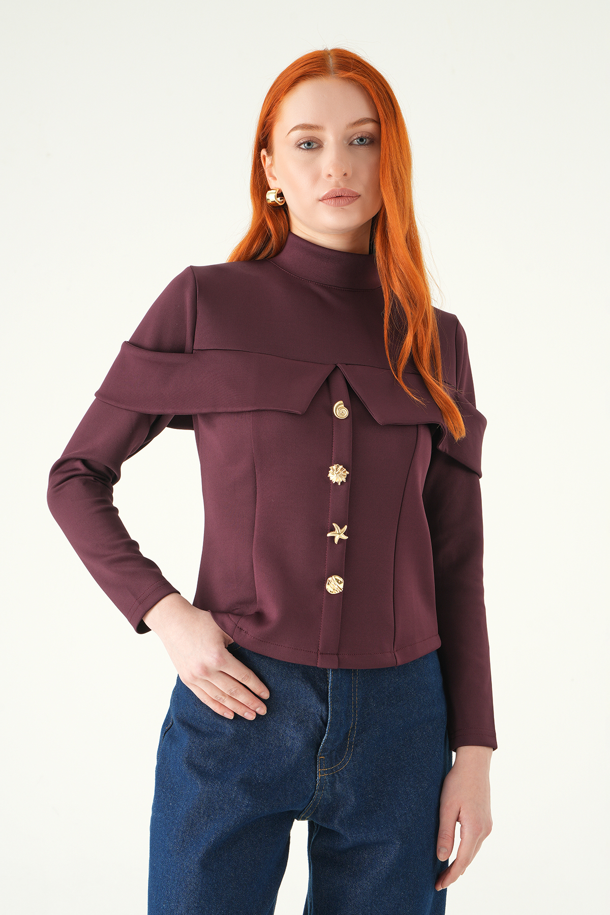 Mürdüm Ön Düğmeli Bluz 8386A - RAYS