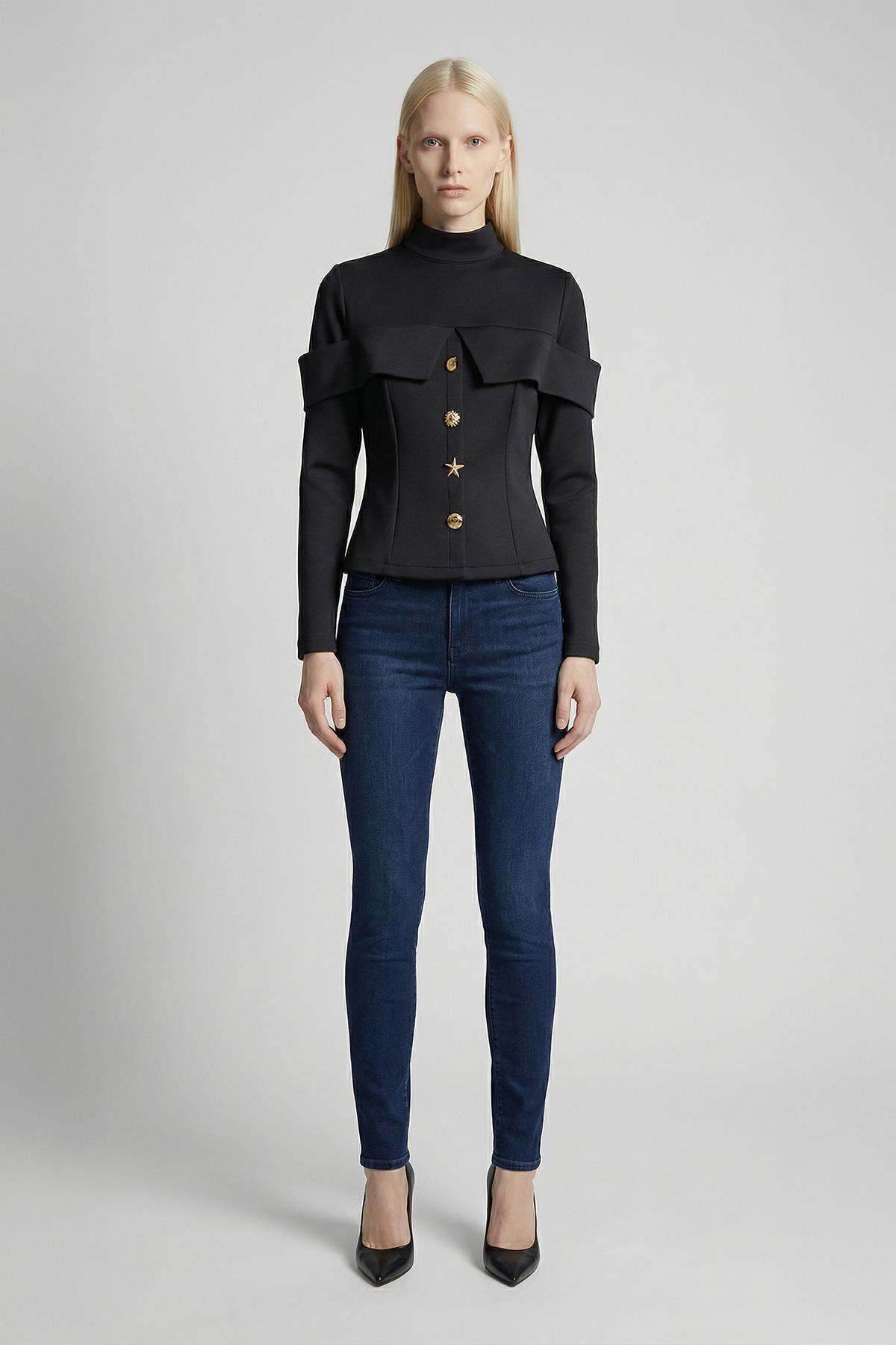 8386A Ön Düğmeli Bluz Siyah - 1