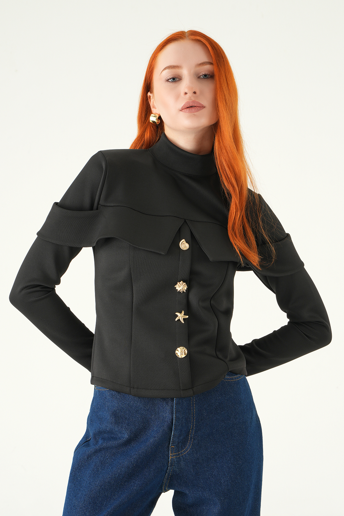 8386A Ön Düğmeli Bluz Siyah - RAYS