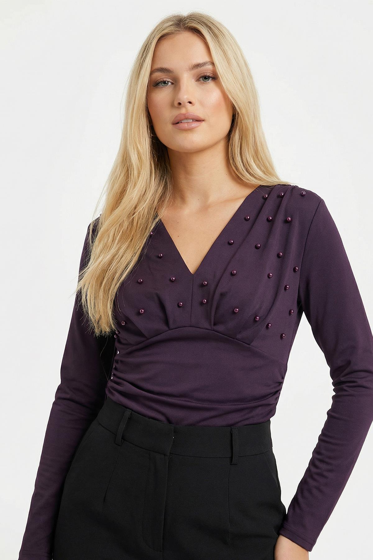 8391A V Yaka Ön İncili Bluz Mürdüm - RAYS