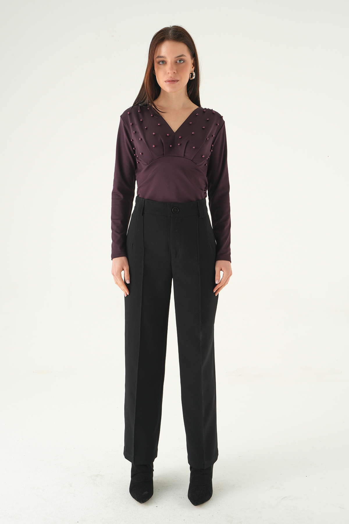 8391A V Yaka Ön İncili Bluz Mürdüm - RAYS