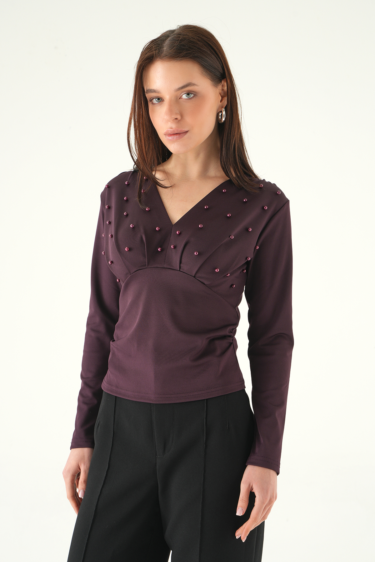 Mürdüm V Yaka Ön İncili Bluz 8391A - 1