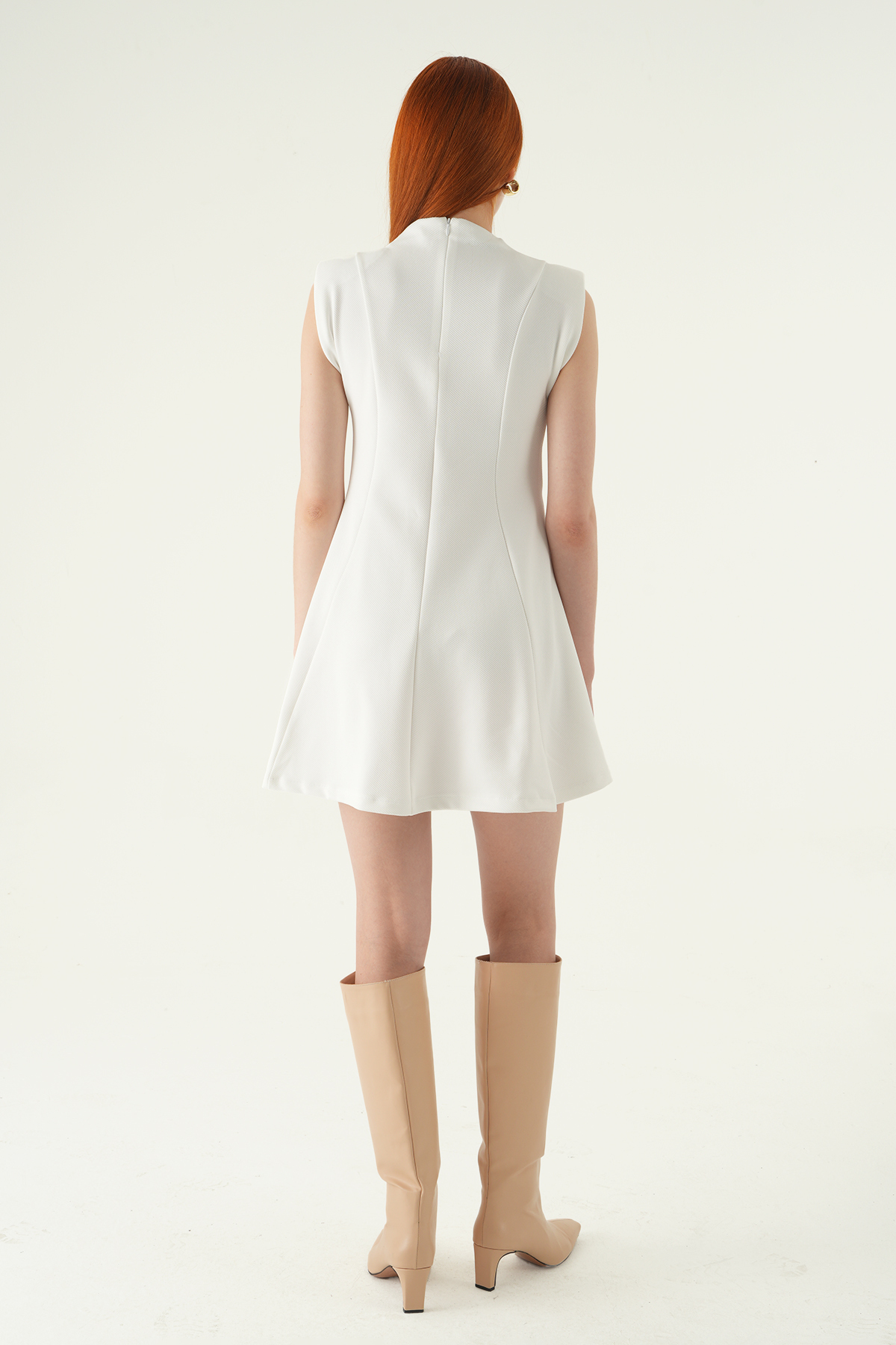 Ekru Kemerli Kısa Elbise 8392A - 5