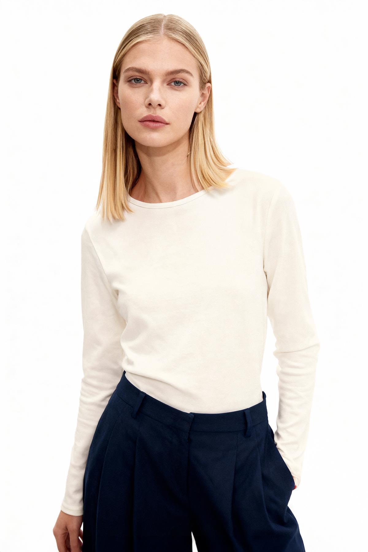 8393A Bisiklet Yaka Bluz Ekru - 1