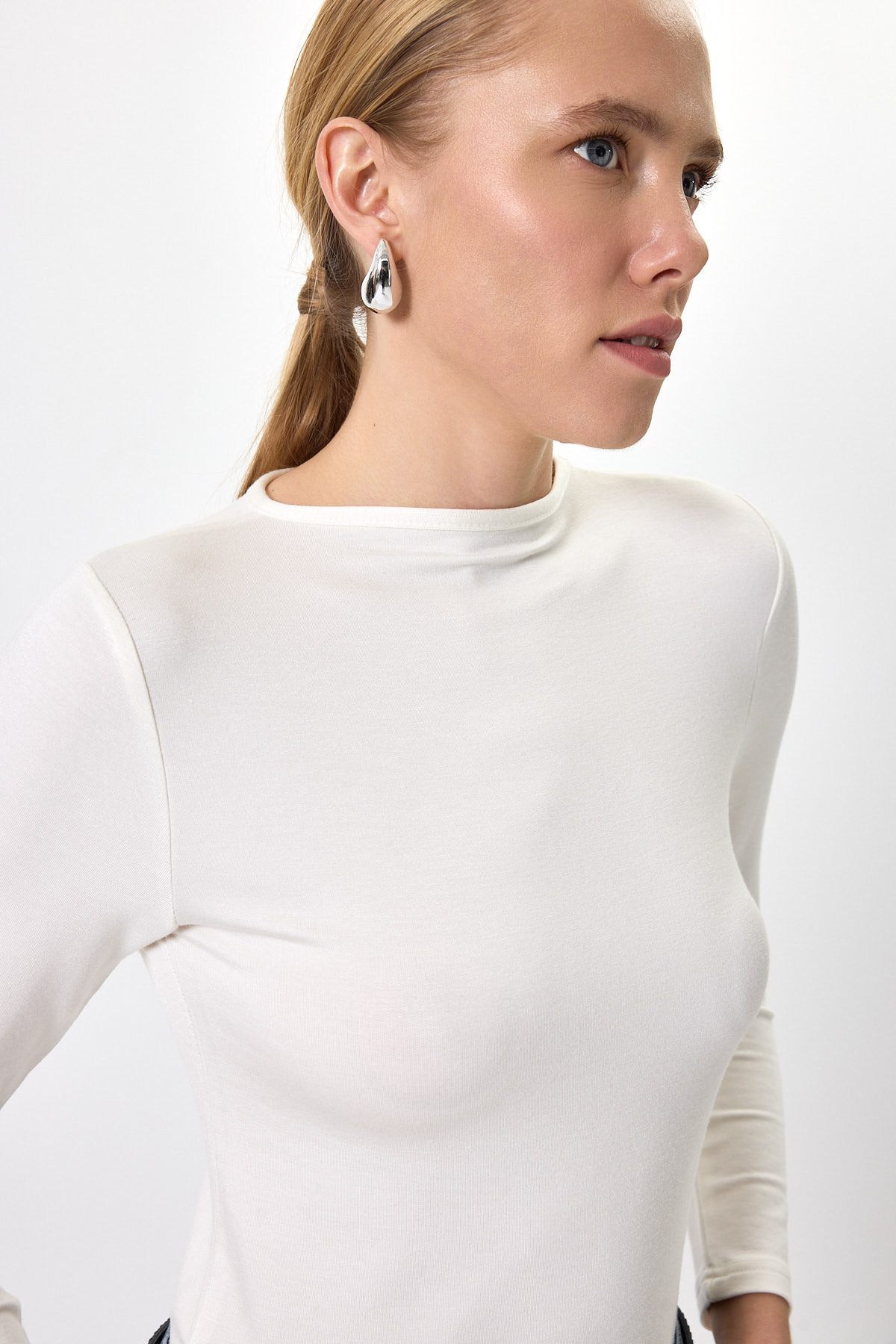 Ekru Bisiklet Yaka Uzun Kollu Basic Kadın Bluz 8393A - RAYS