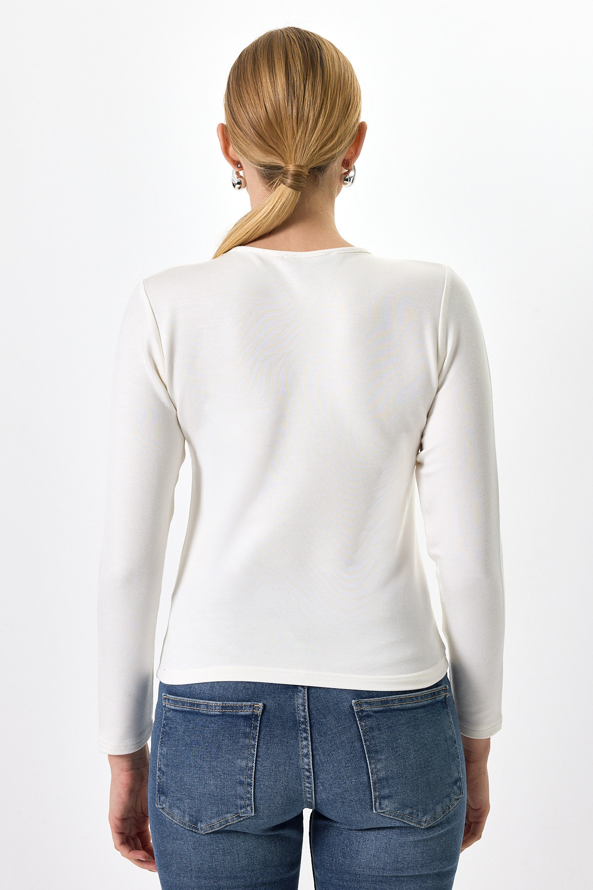 Ekru Bisiklet Yaka Uzun Kollu Basic Kadın Bluz 8393A - 5